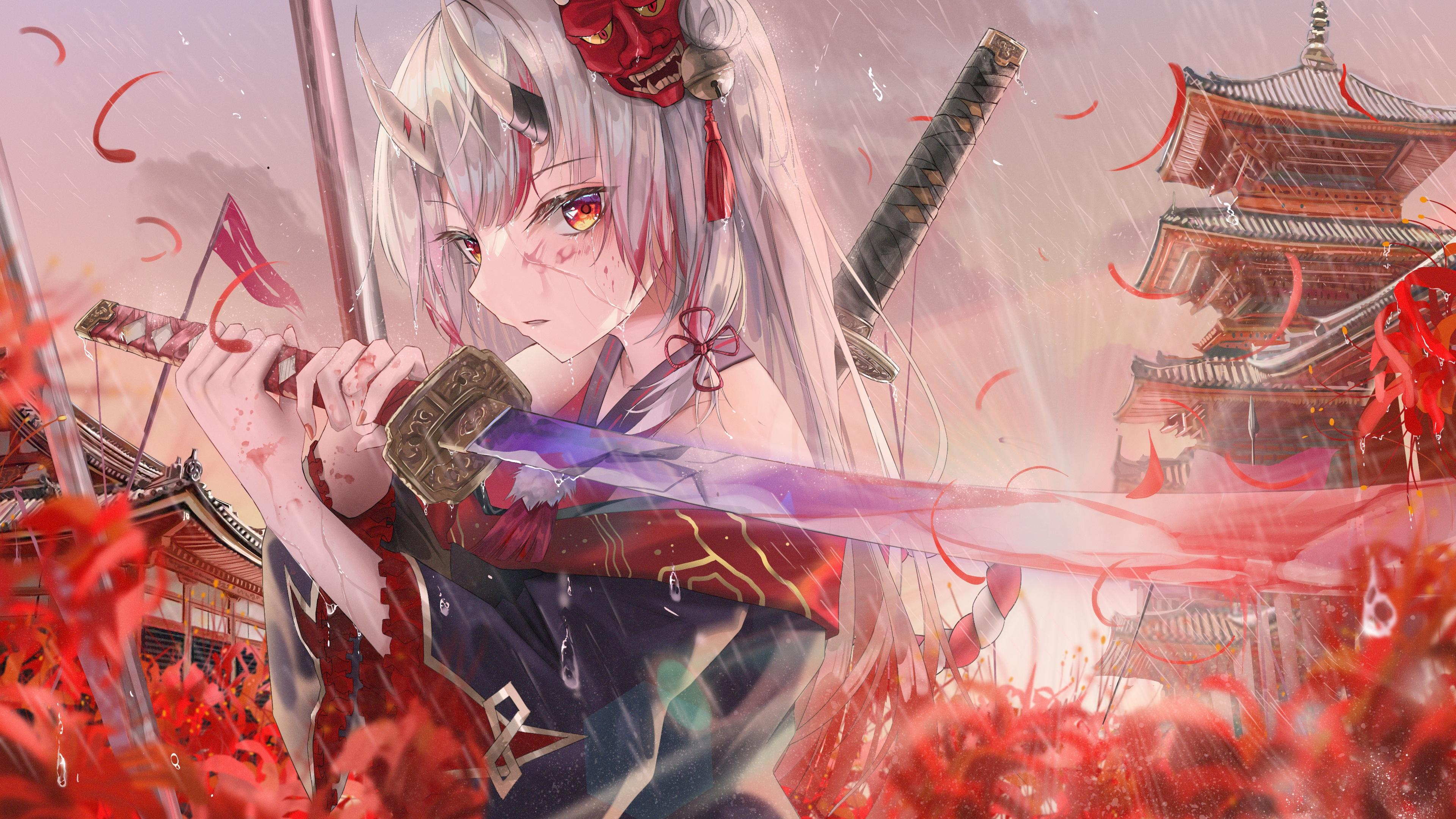 3840x2160 Anime Anime Girls Turbulence Artwork Hololive Virtual Youtuber Nakiri Ayame Oni Girl Horns Silver Ha Wallpaper:3840x2160