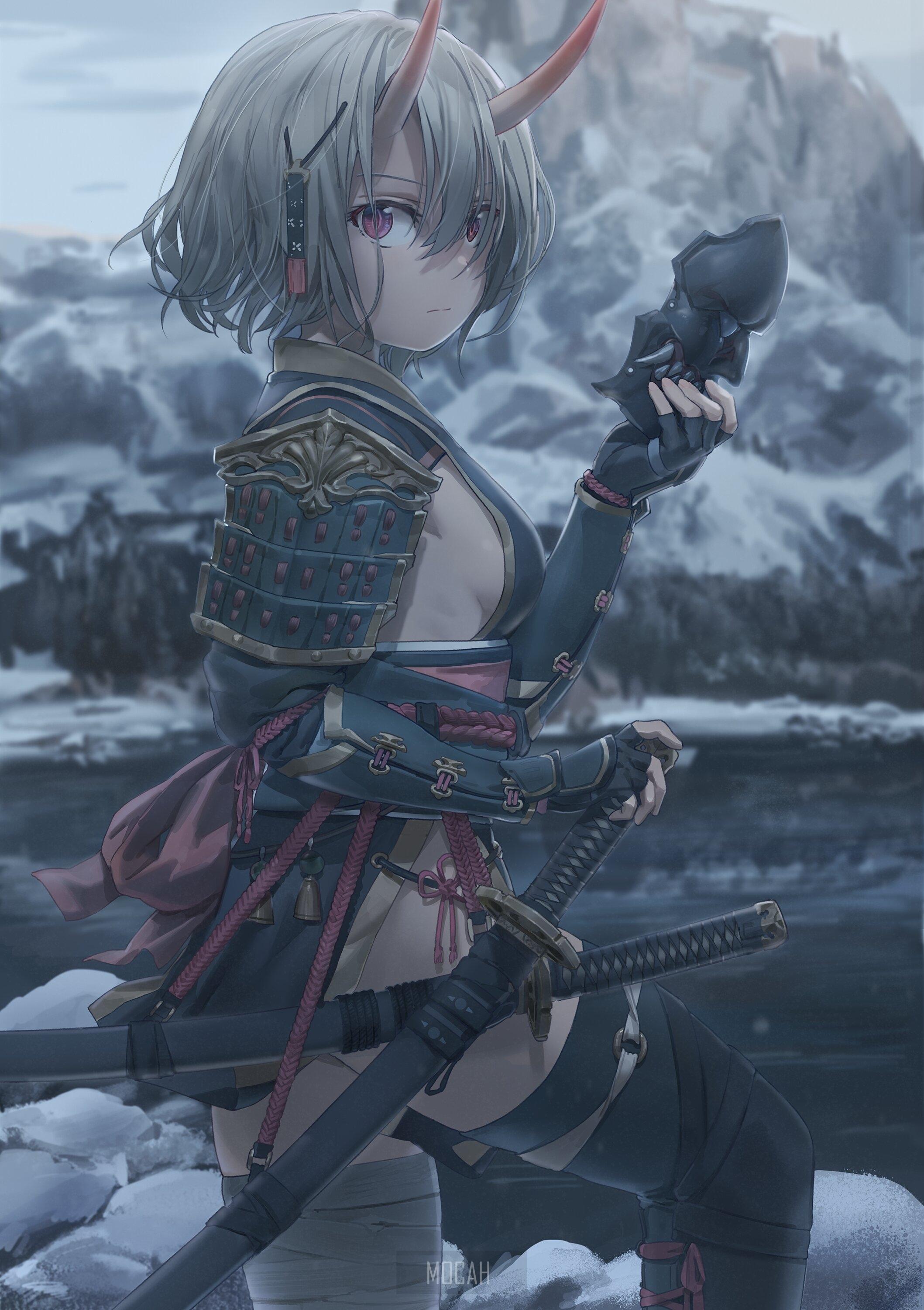 2117x3000 anime, anime girl, horns, demon horns, oni mask, grey hair, katana, samurai, demon girls, short hair, gray hair, animal eyes, mountains wallpaper download, 2117x3000 Gallery HD Wallpaper