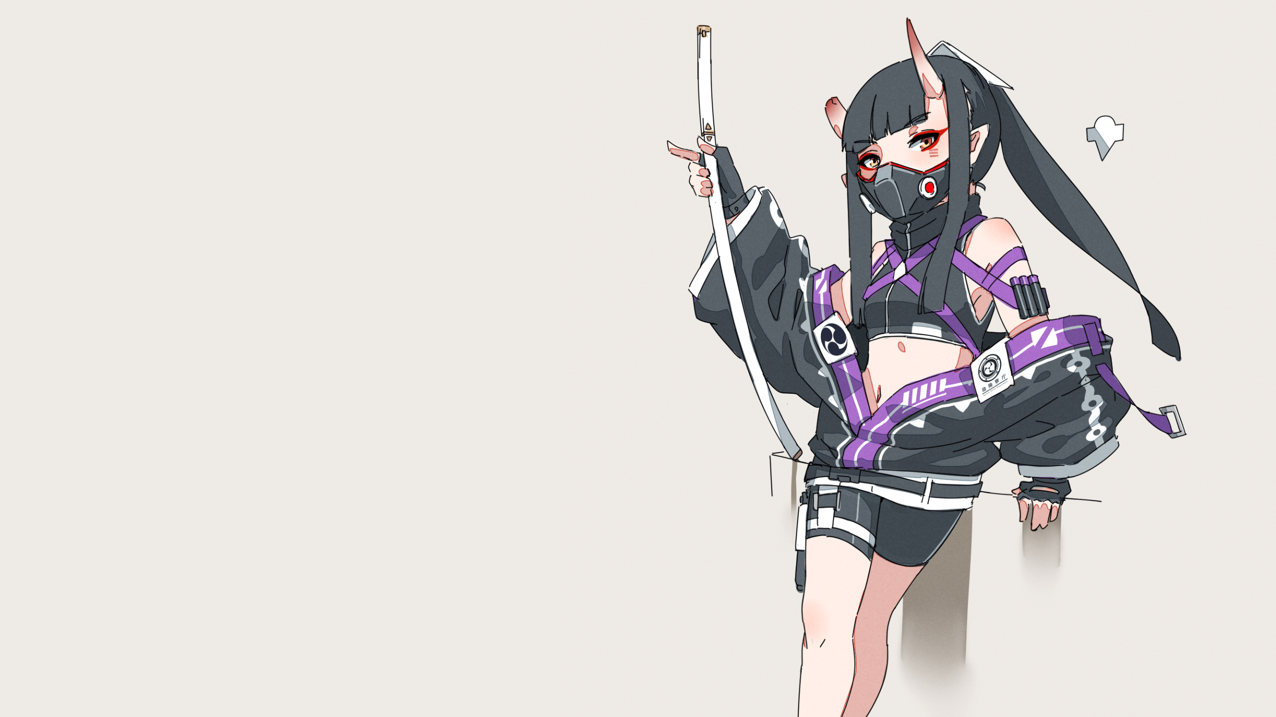 2560x1440 Wallpaper / oni girl, mask, horns, original characters, black hair, katana, brown background, red eyes, Streetwear free download