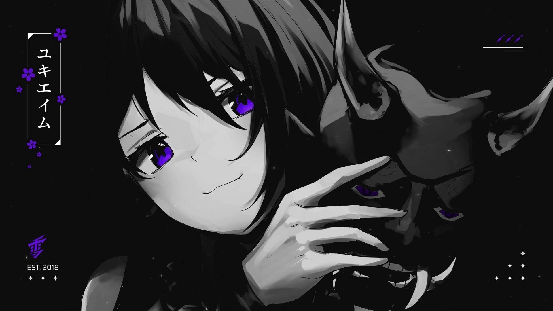 1920x1080 Ninja Anime Girl Oni Mask Monochrome Live Wallpaper