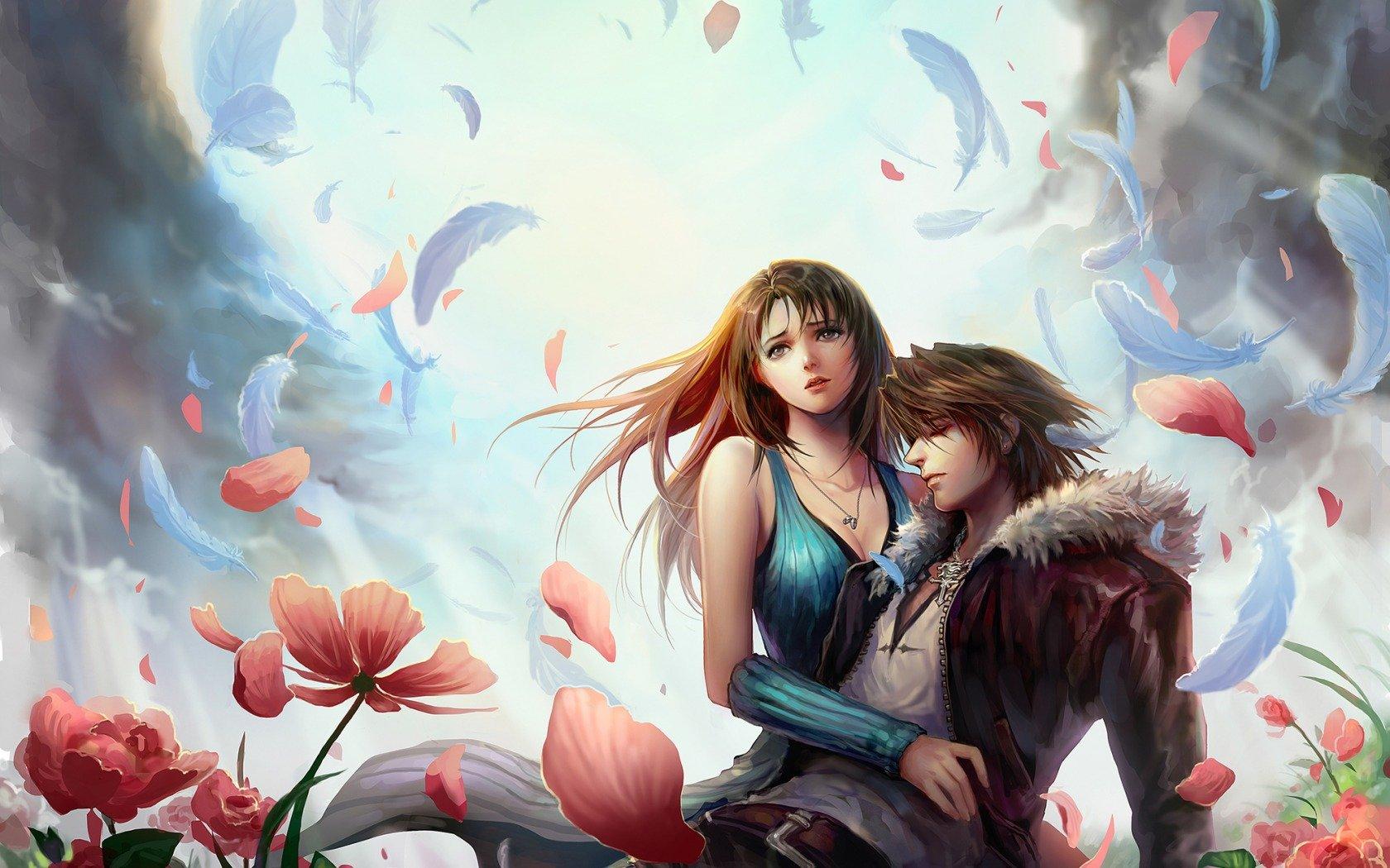 1680x1050 Art fooltown girl rinoa heartilly boy squall leonhart hugs flowers petals feathers clouds final fantasy wallpaperx1050