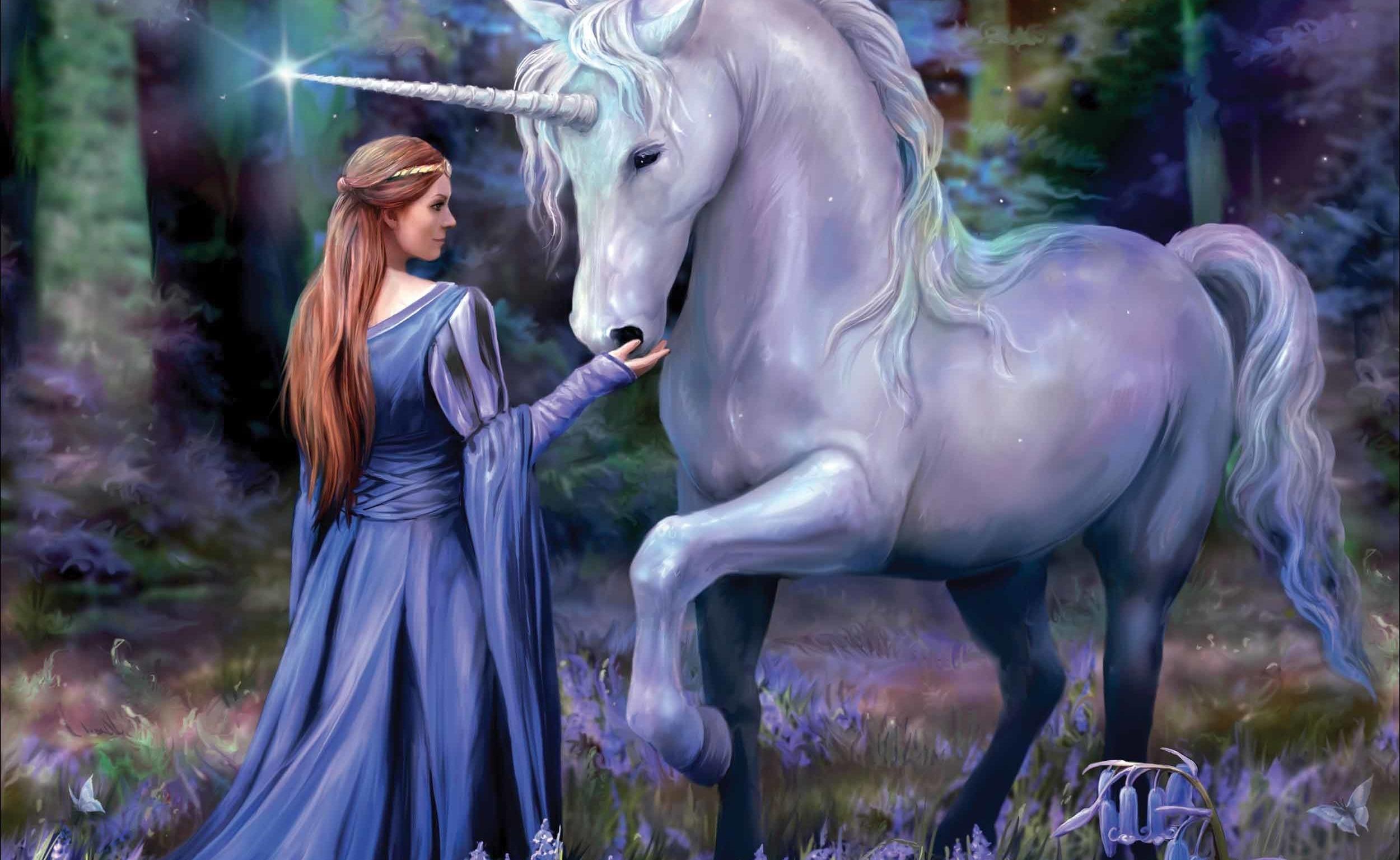 2500x1535 art, anne stokes, fantasy, luminos, girl, unicorn, white, blue