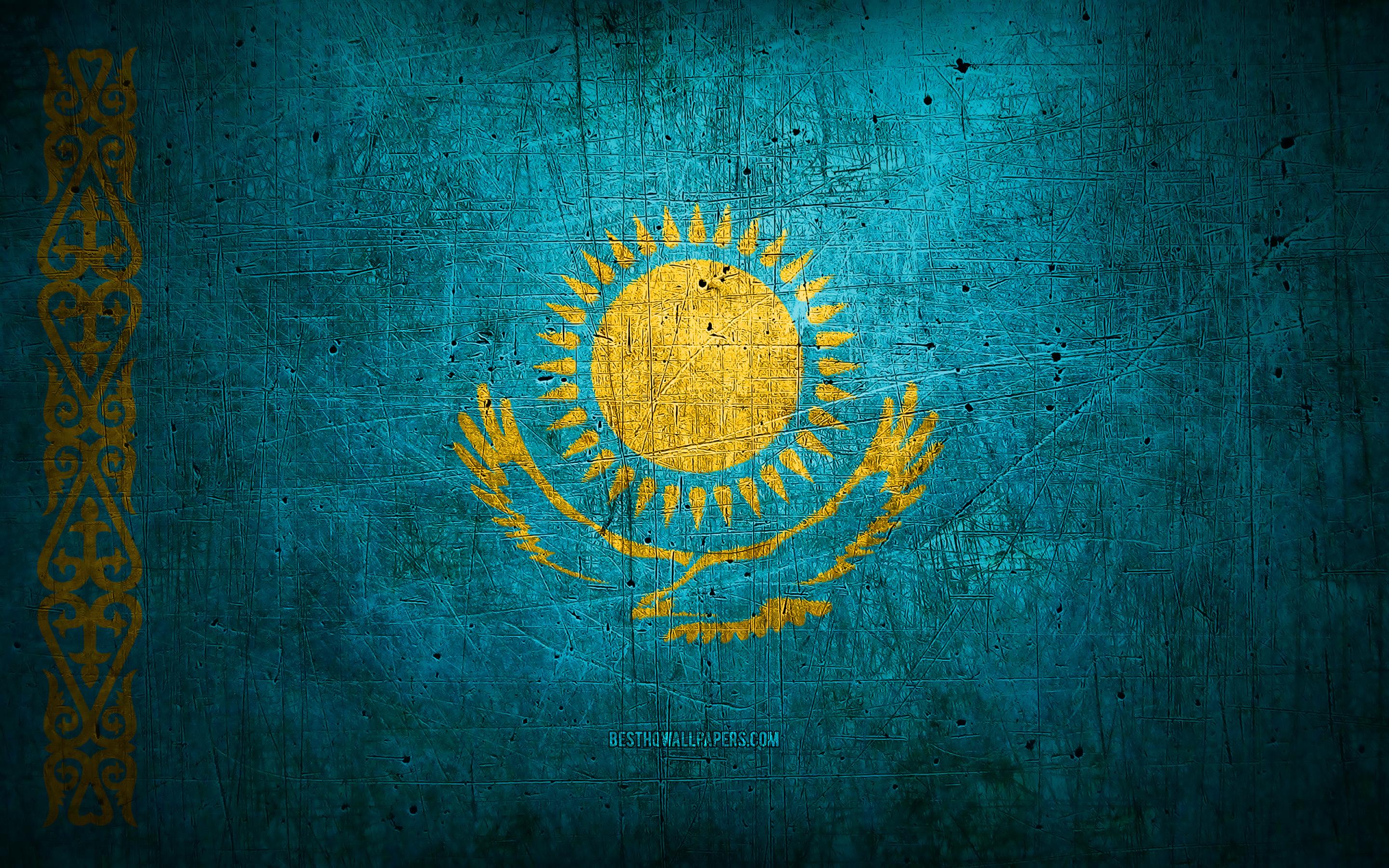 Download wallpapers Flag of Kazakhstan, 4k, Asia, wooden texture