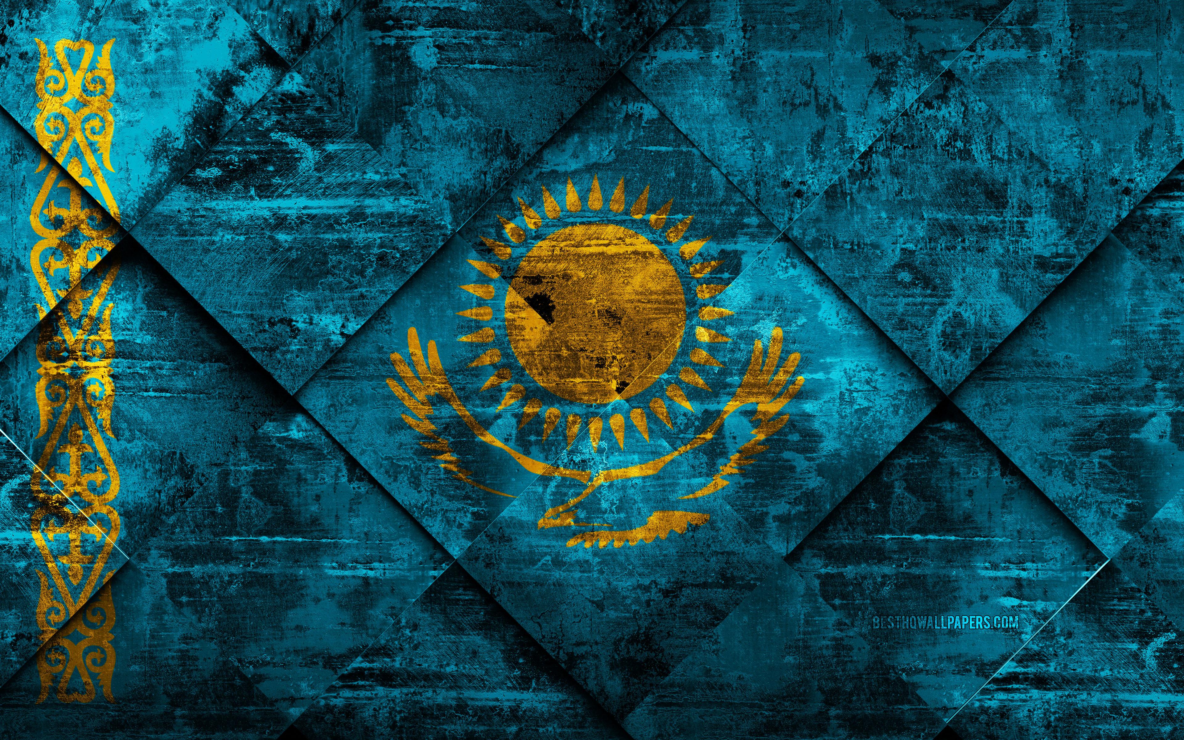 3840x2400 Download wallpaper Flag of Kazakhstan, 4k, grunge art, rhombus grunge texture, Kazakhstan flag, Europe, national symbols, Kazakhstan, creative art for desktop with resolution 3840x2400. High Quality HD picture wallpaper
