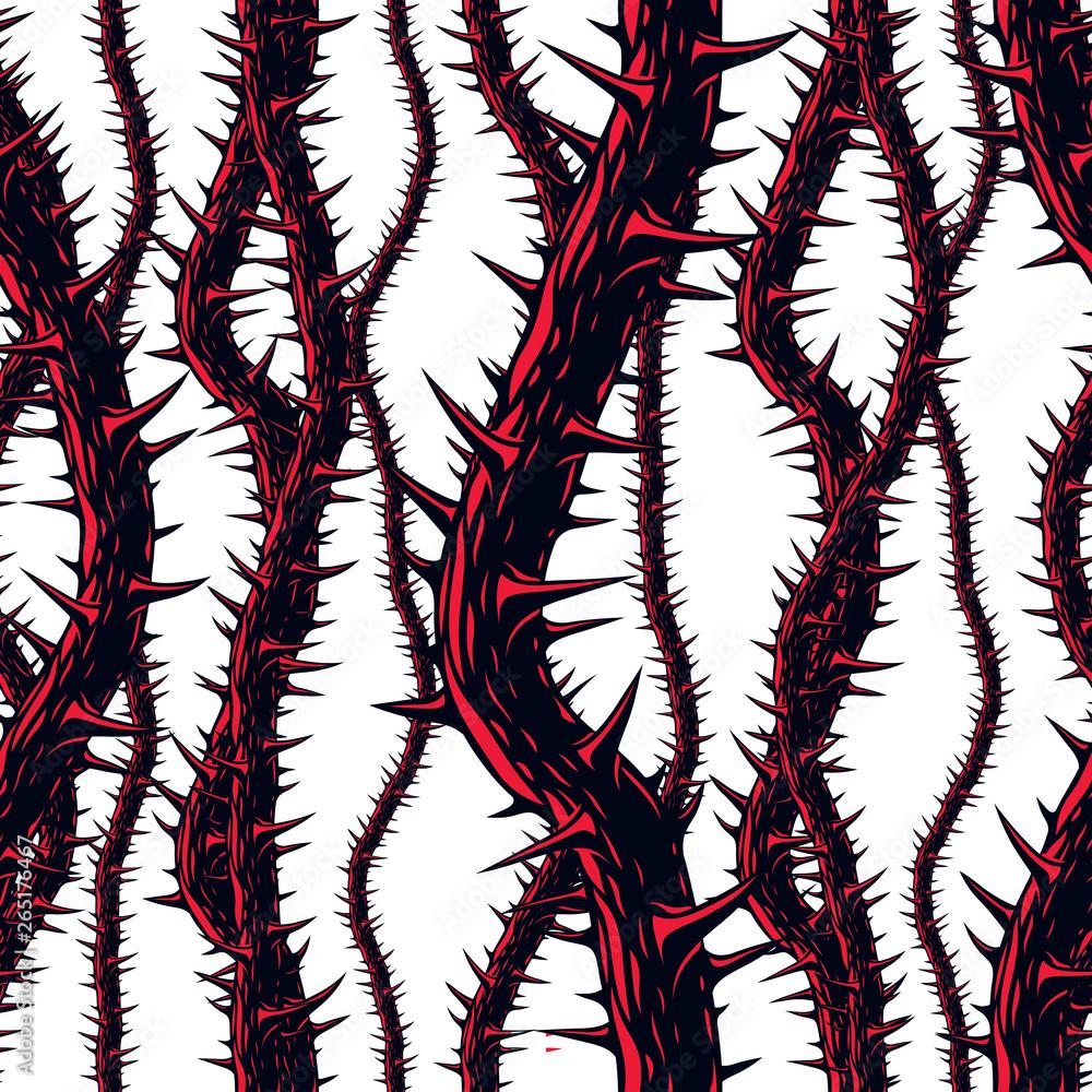 1000x1000 Disgusting horror art and nightmare seamless pattern, vector background. Blackthorn branches with thorns stylish endless illustration. Usable for fabric, wallpaper, wrapping, web and print. Stock Vector