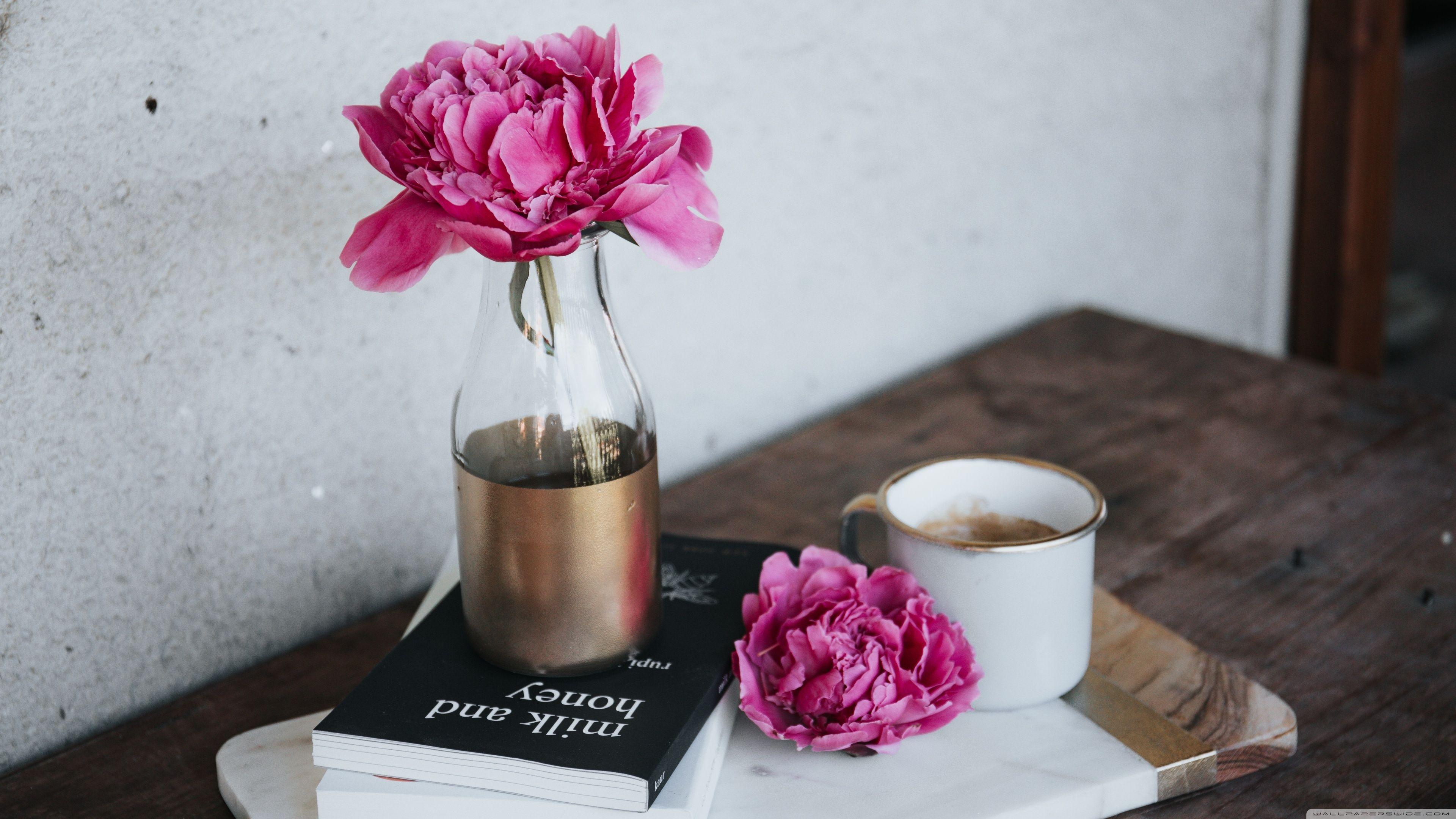 3840x2160 Pink Peony Flower, Books, Coffee Mug, Wooden Table Ultra HD Desktop Background Wallpaper for 4K UHD TV : Widescreen & UltraWide Desktop & Laptop : Tablet