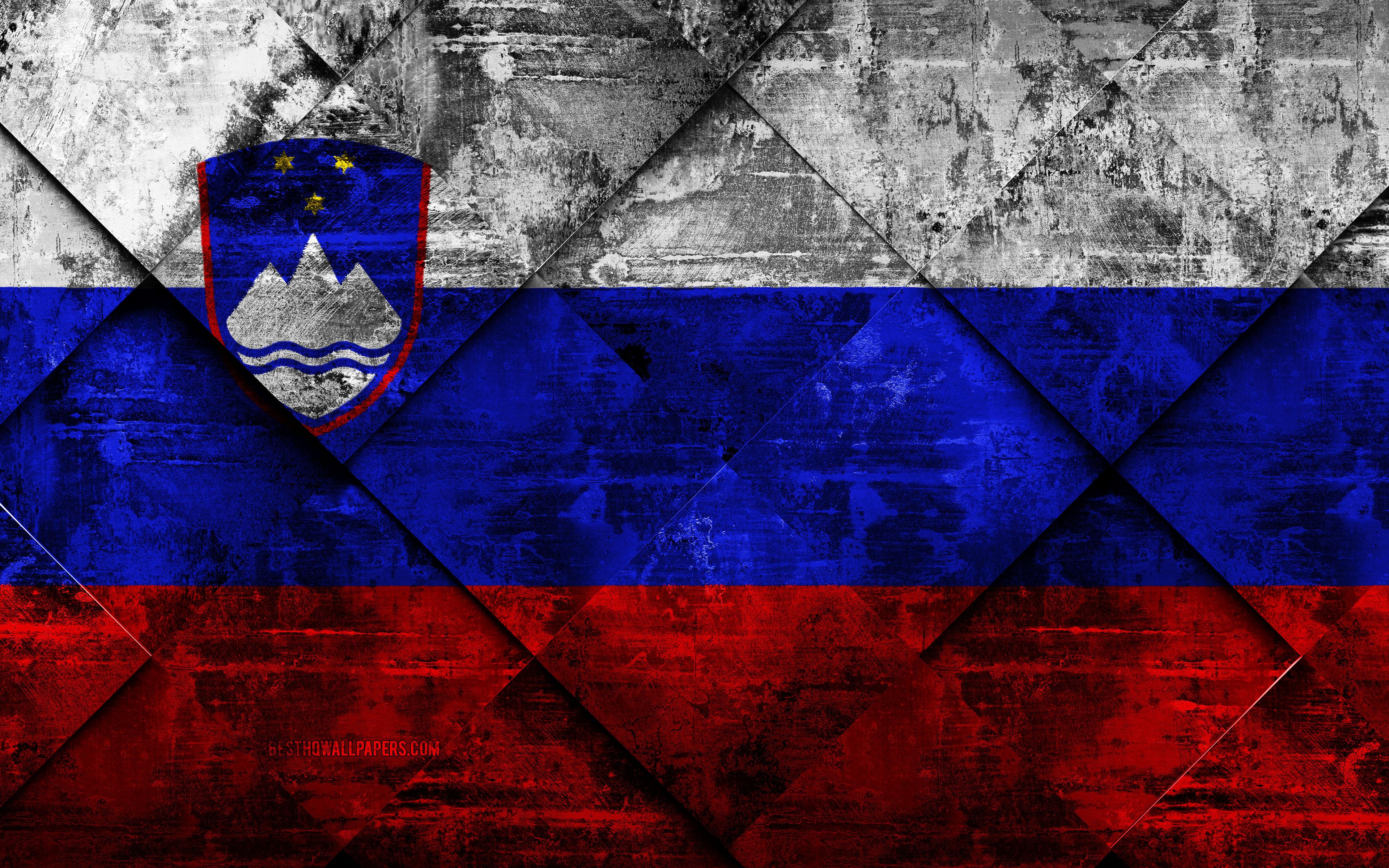 3840x2400 Download wallpaper Flag of Slovenia, 4k, grunge art, rhombus grunge texture, Slovenian flag, Europe, national symbols, Slovenia, creative art for desktop with resolution 3840x2400. High Quality HD picture wallpaper