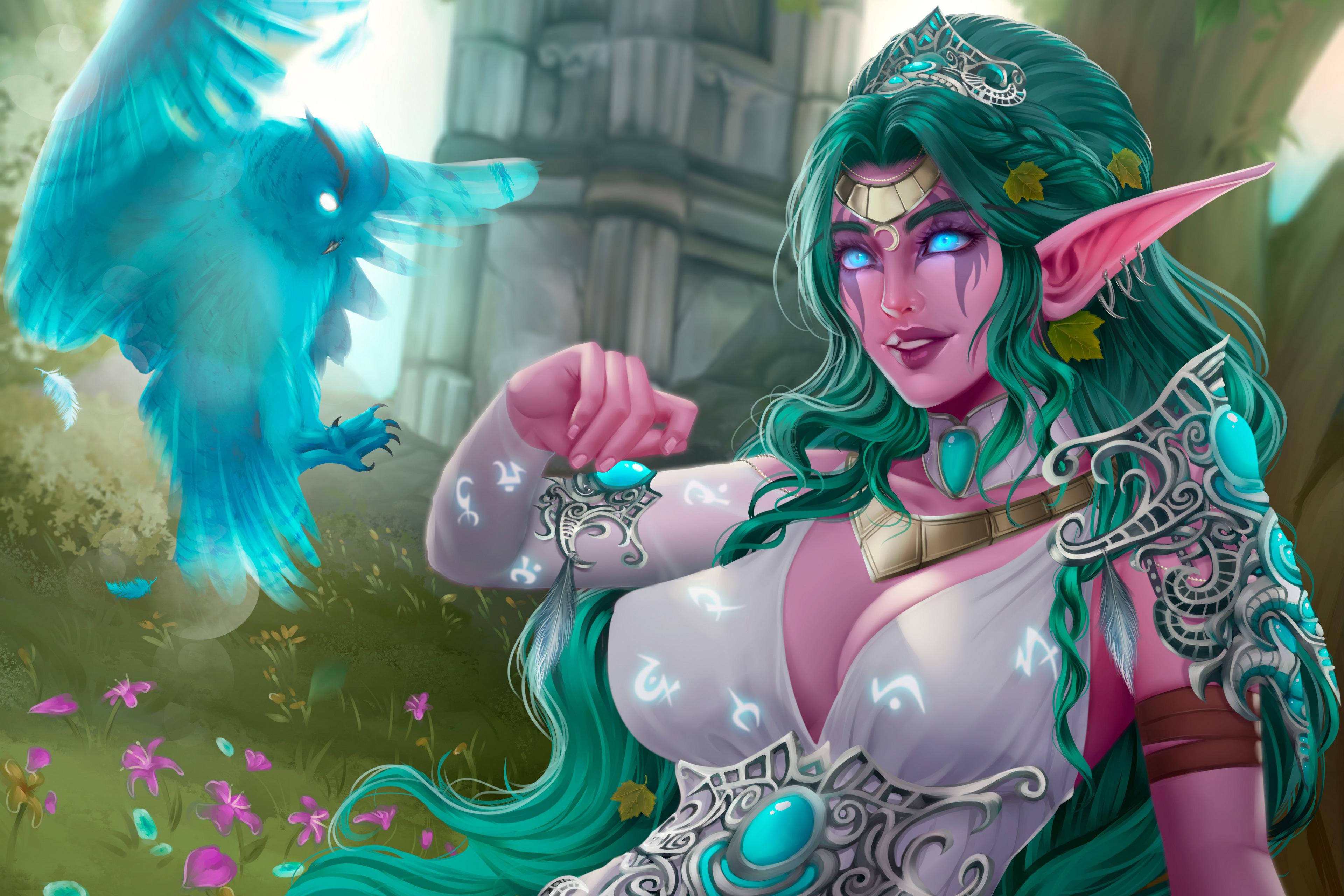 3840x2560 Artwork Darkra Fantasy Girl Owl Dress Neckline Warcraft Tyrande Whisperwind Wallpaper:3840x2560