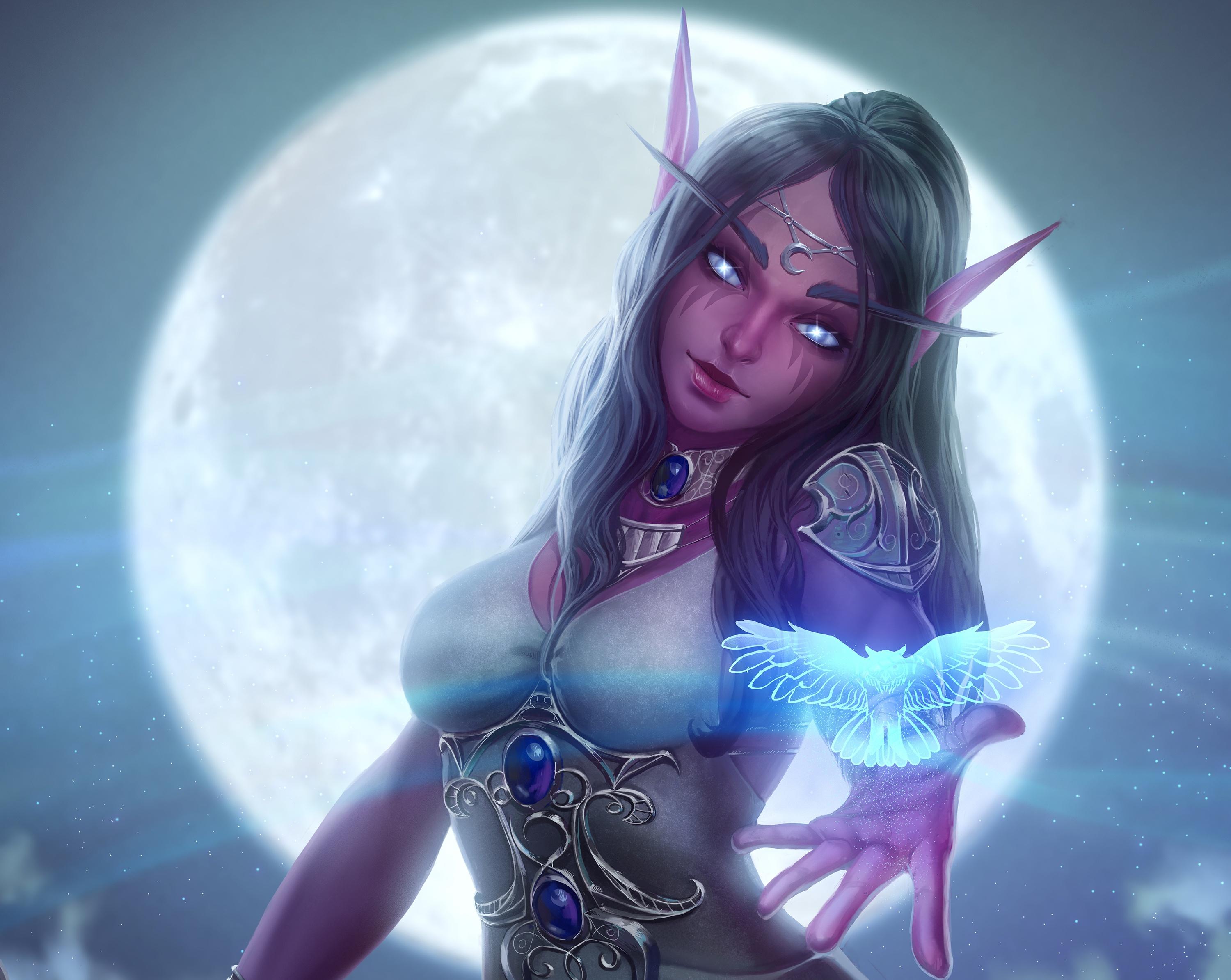 3000x2388 Mobile wallpaper: Magic, Night, Moon, Warcraft, Elf, Video Game, Pointed Ears, World Of Warcraft, Tyrande Whisperwind, 419822 download the picture for free