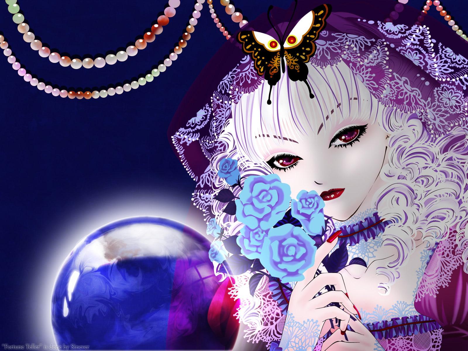 1600x1200 Wallpaper / fortune, 720P, eyes, crystal, pov, babes, girl, original, face, teller, ball, flowers, anime free download