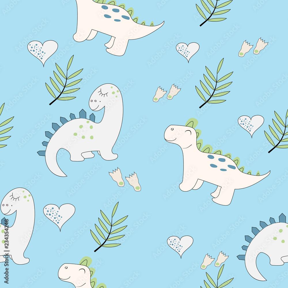 1000x1000 Cute baby dinosaur seamless pattern on the light blue background. Baby cloth design, wallpaper, wrapping. Vector illustration. Stock Vector