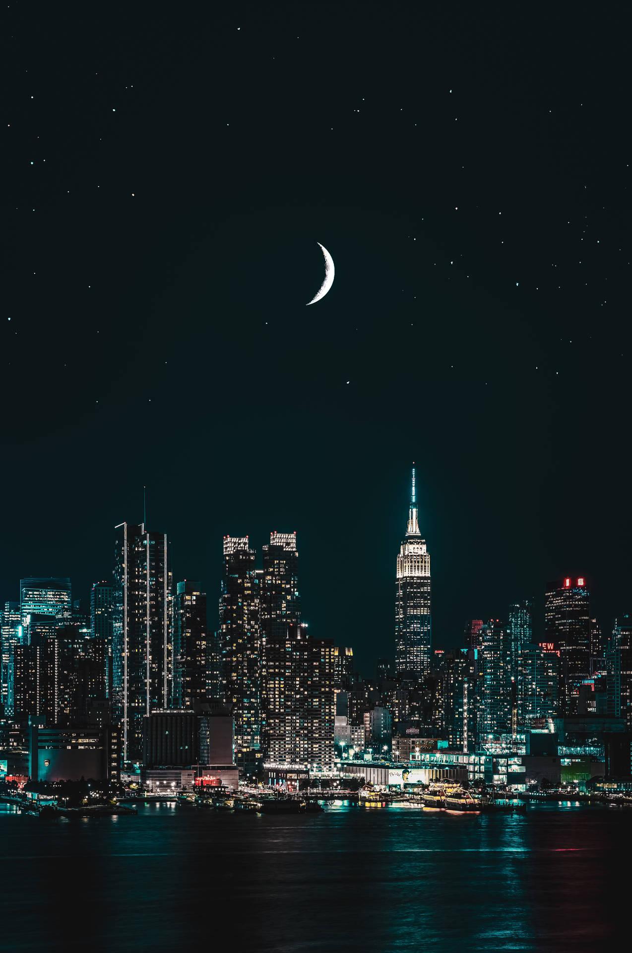 1274x1920 Download City Lights And Crescent Moon Wallpaper