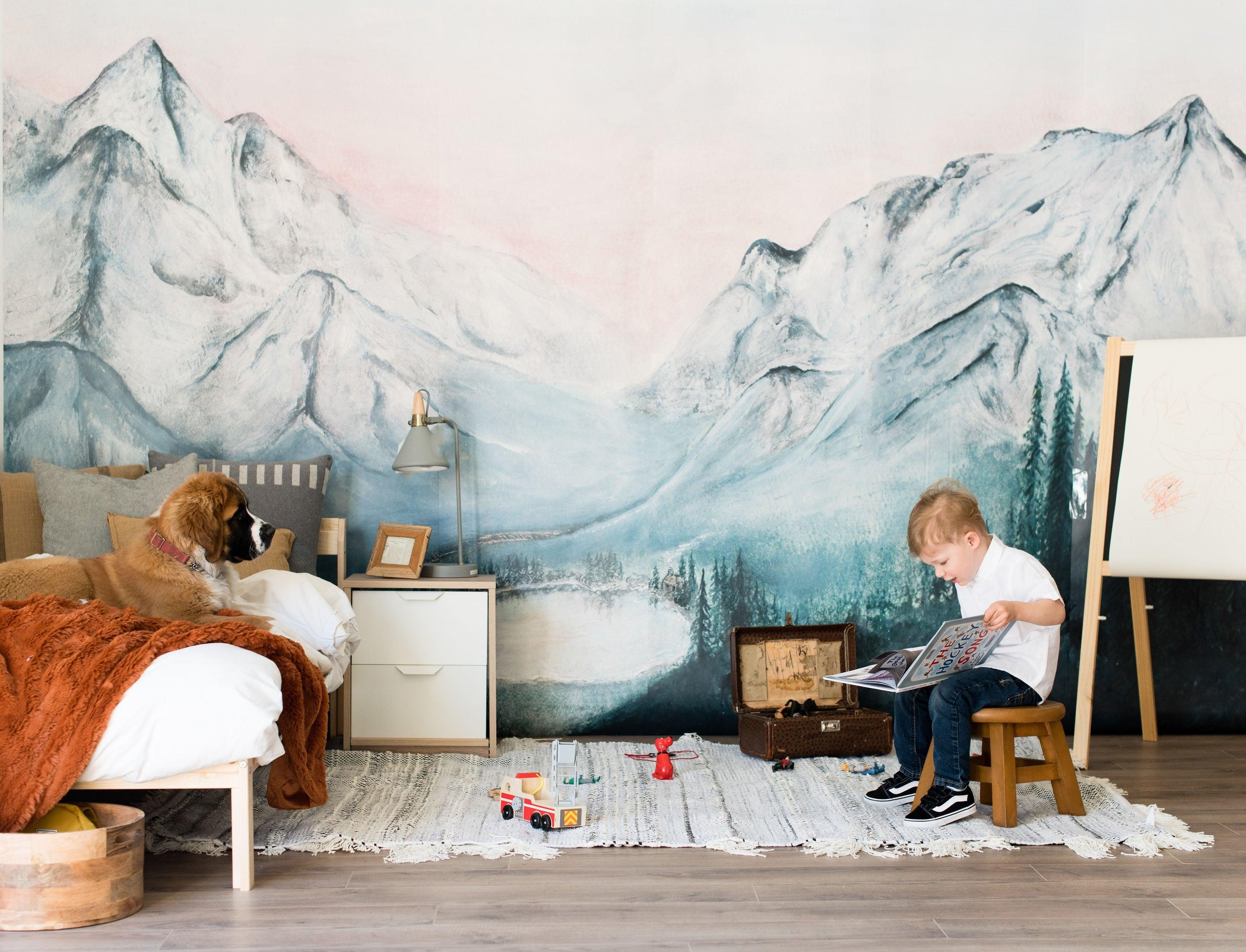 3144x2403 Rainier Mural, Mountain Wallpaper in Blue, Grey & Light Pink