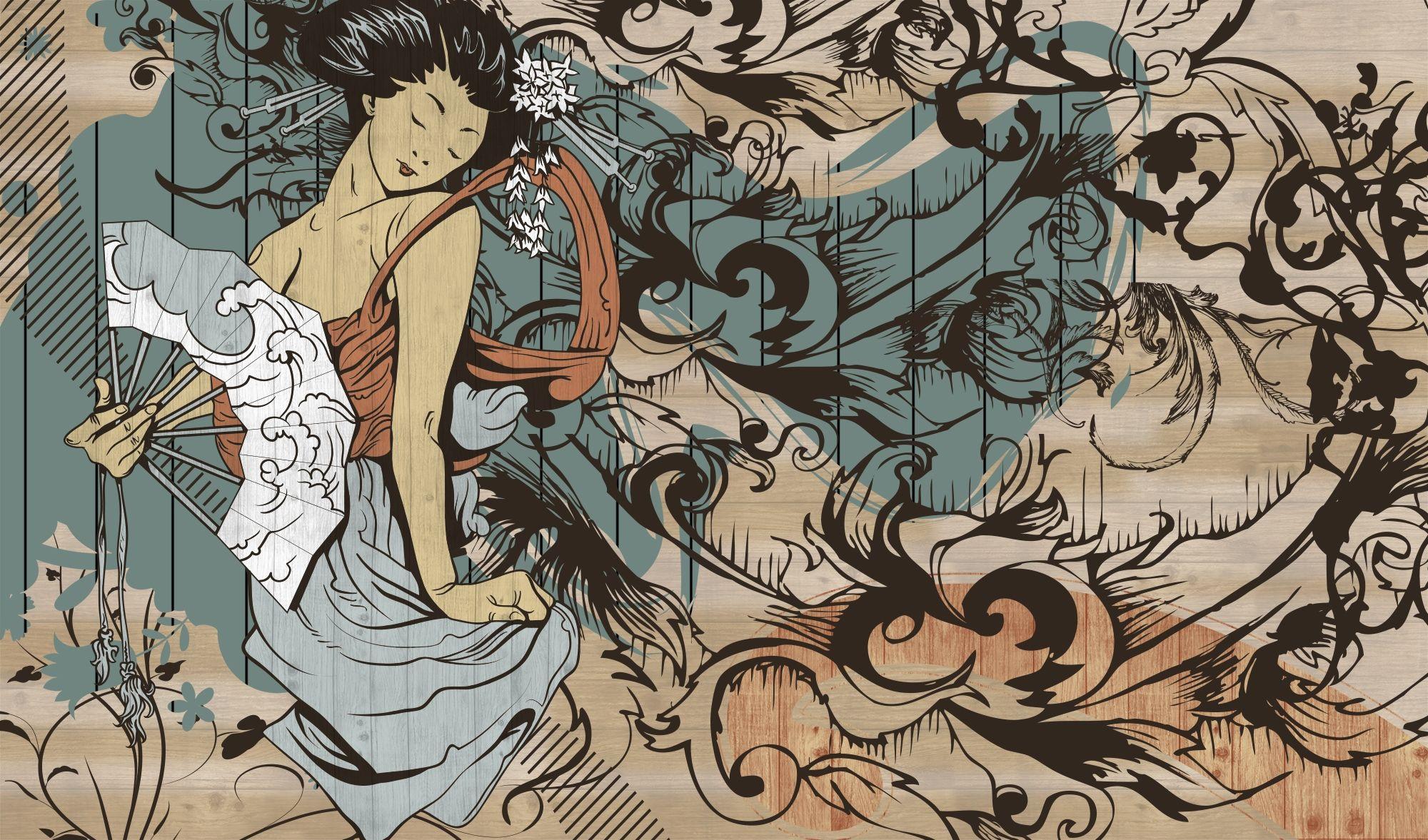 2000x1177 Retro Japanese Artistic Girl Wallpaper Mural • Wallmur®