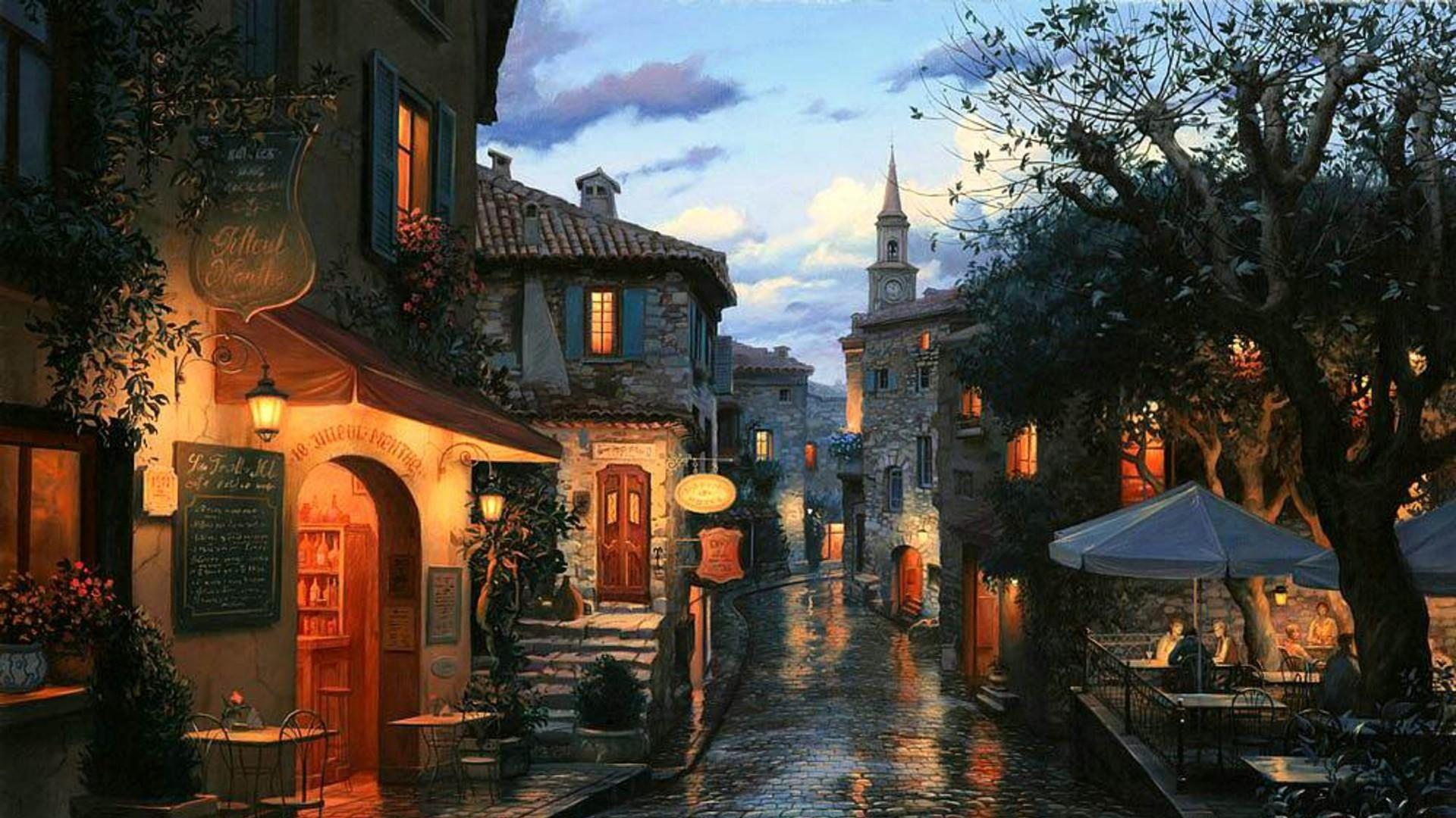 1920x1080 rain #street #wet #cafe #mood #evening P #wallpaper #hdwallpaper #desktop. Замечательные места, Томас кинкейд, Пейзажи