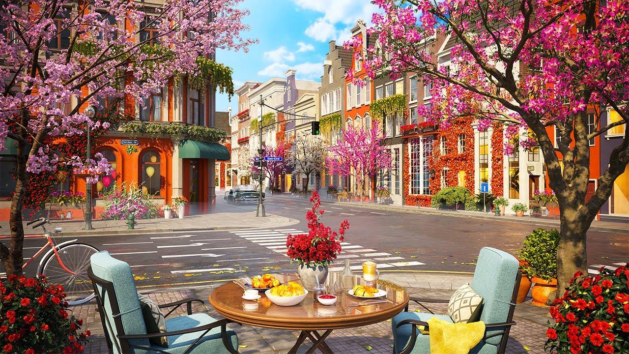 1280x720 Springtime Street & Calm Spring Jazz Music at Outdoor Coffee Shop Ambience for Relax, Good Mood [4K]
