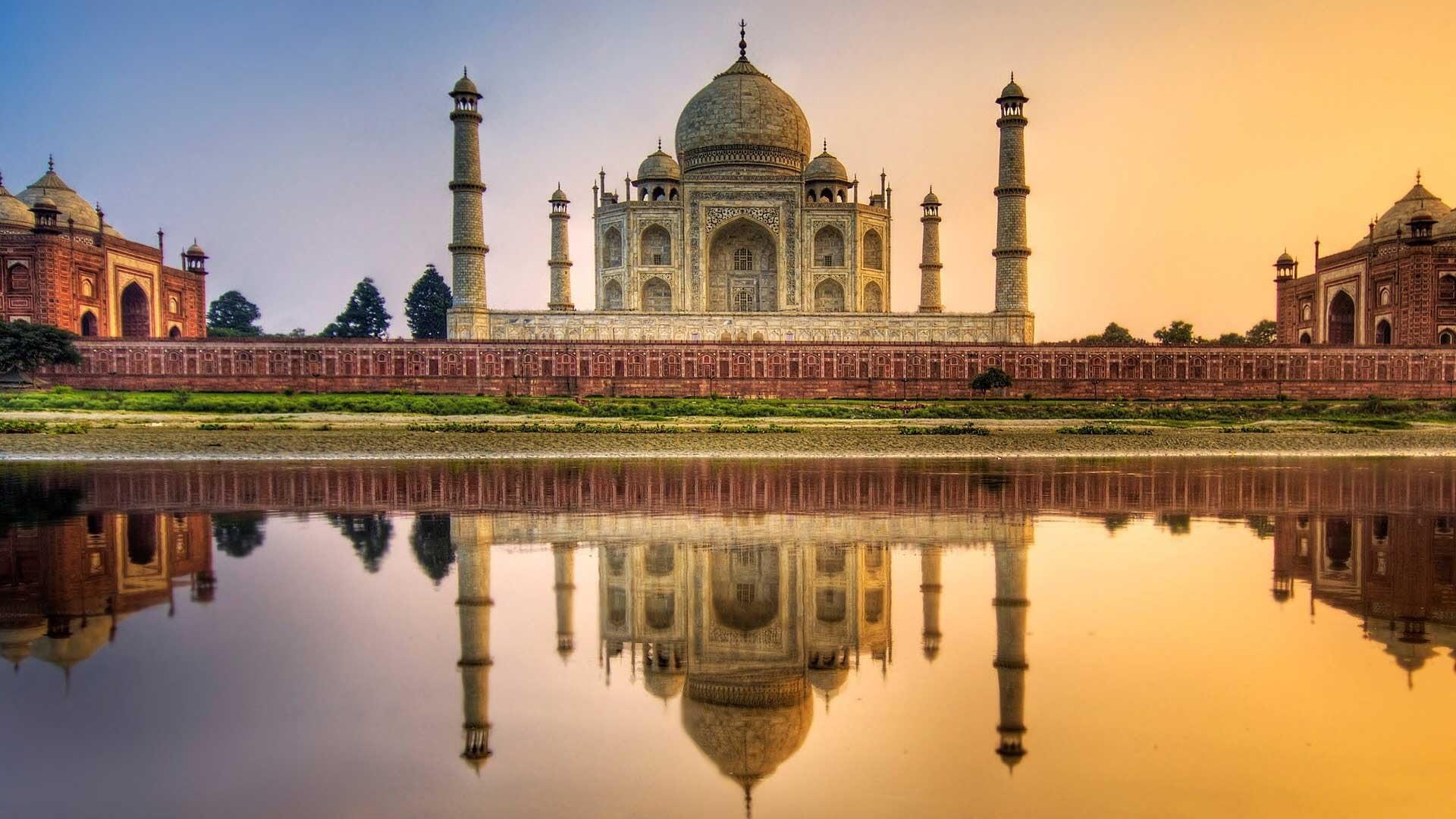 1920x1080 Wallpaper / sky, travel destinations, Asian architecture, built structure, lake, tourism, building exterior, history, sunset, Taj Mahal, the past, 1080P, religion free download