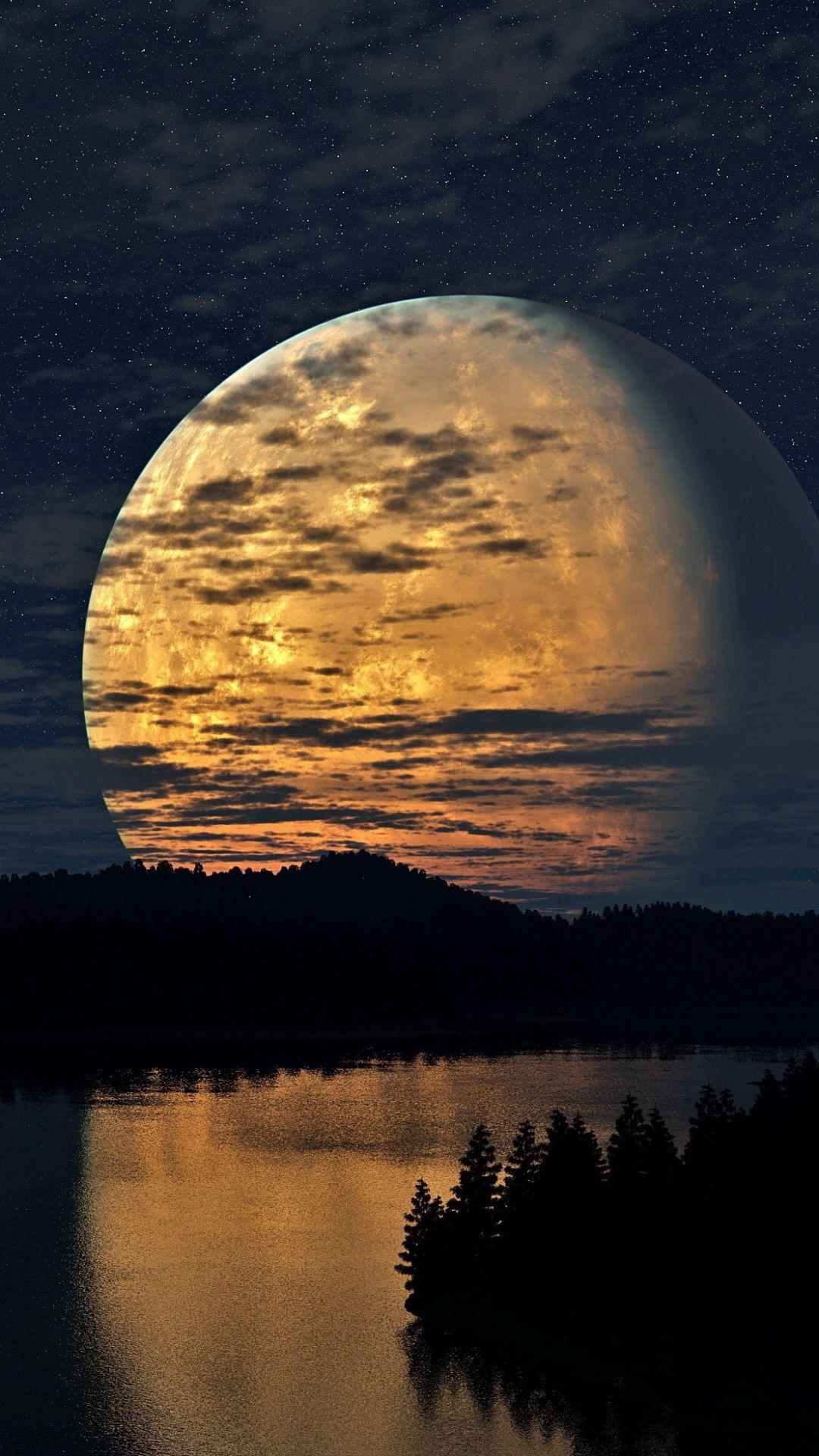 1080x1920 Night Sky Moon Trees River Reflectio Smartphone Wallpaper HD