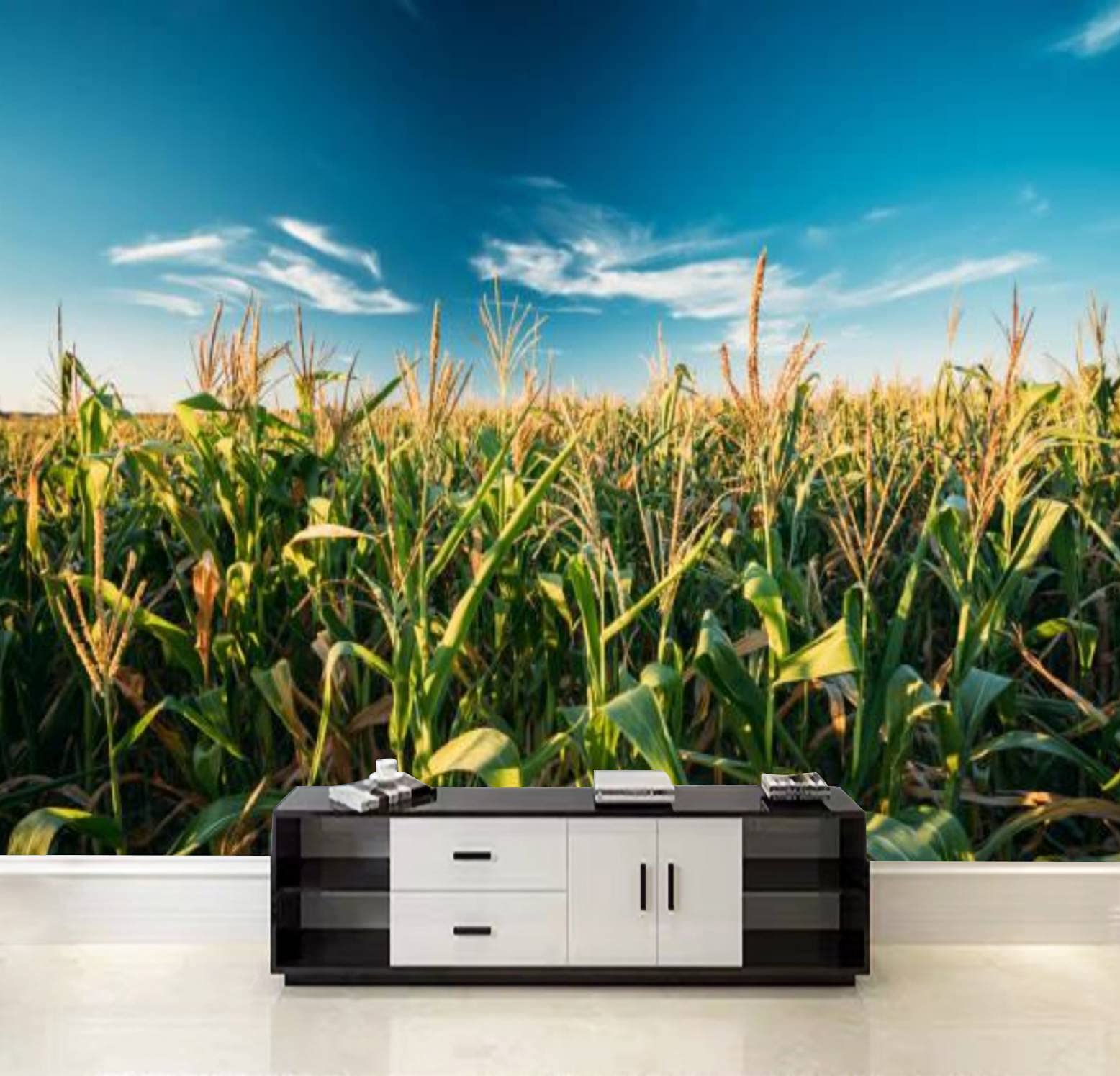 1556x1495 Peel and Stick Art Mural Poster Green Maize Corn Field Plantation in Summer Agricultural Season Customizable PVC Self Adhesive Wallpaper Bedroom Living Room Home Wall Background Decor Sticker