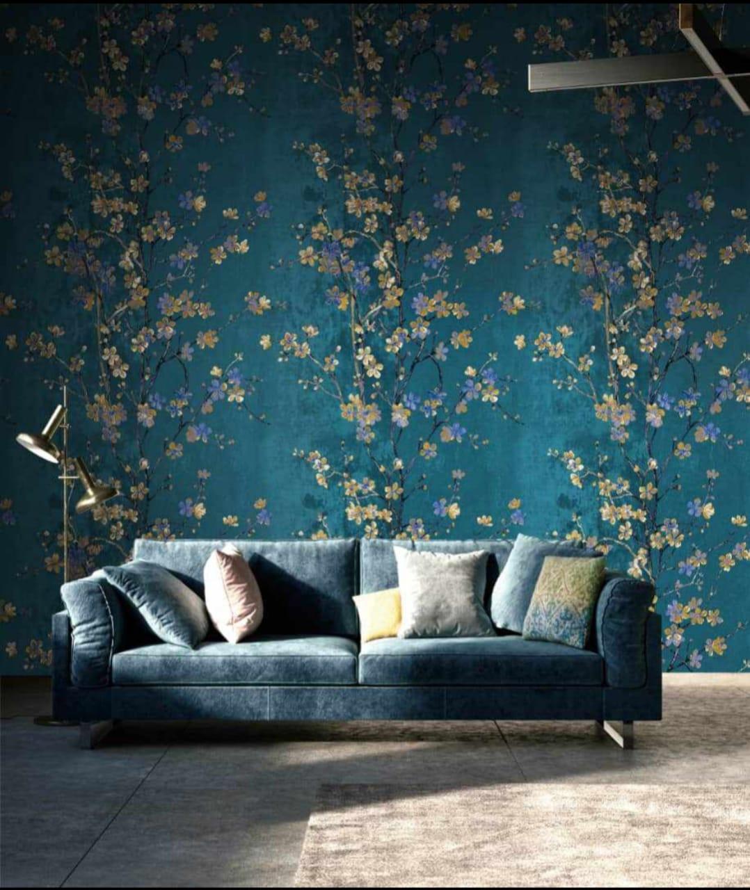 1078x1280 Blue base beige Flower- PVC Wallpaper