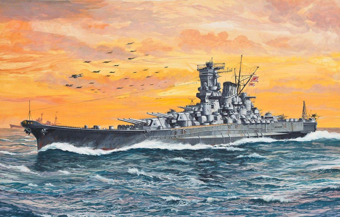 1332x850 Wallpaper ship, Navy, battleship, WW art., linear, Japanese
