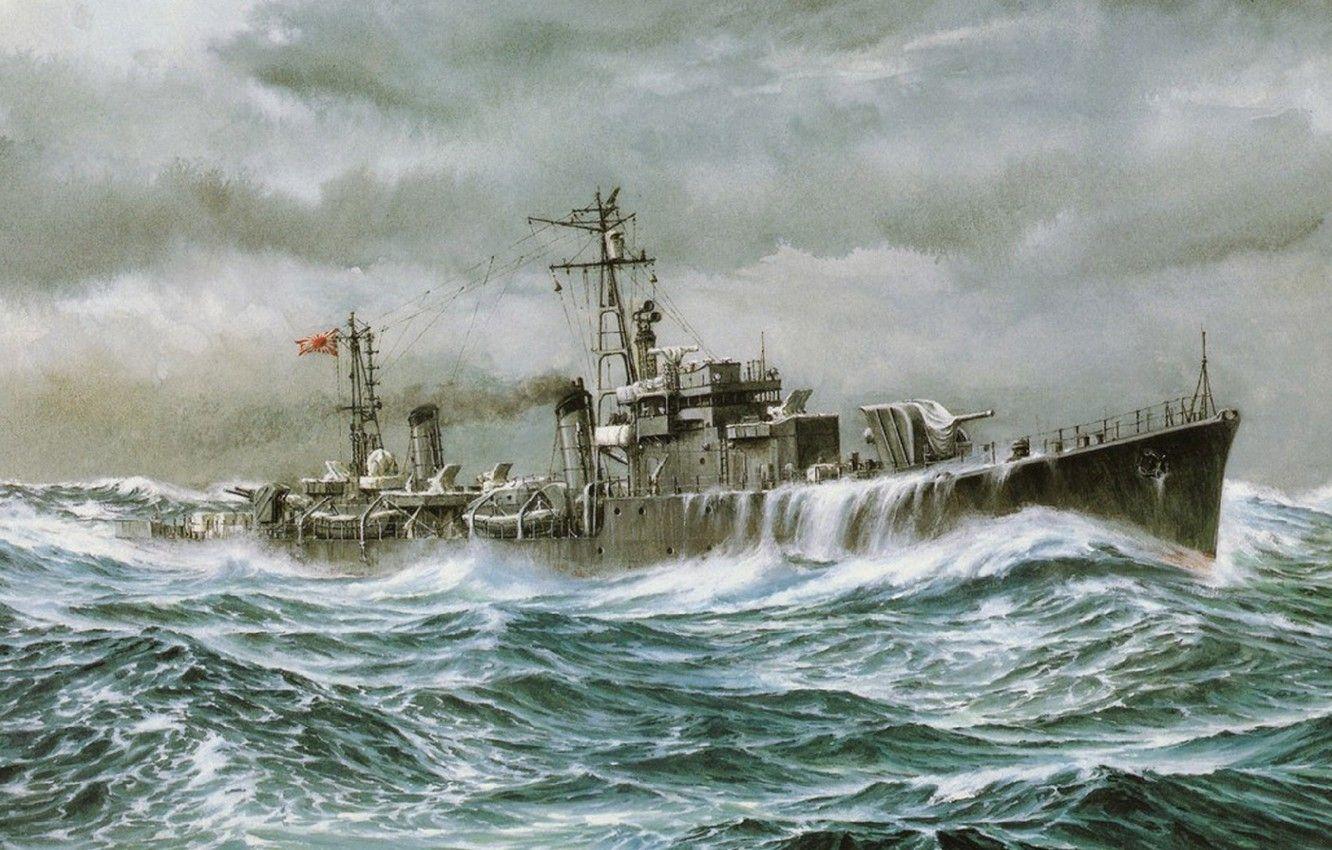 1332x850 Wallpaper ship, art, Navy, military, Japanese, destroyer, WW2