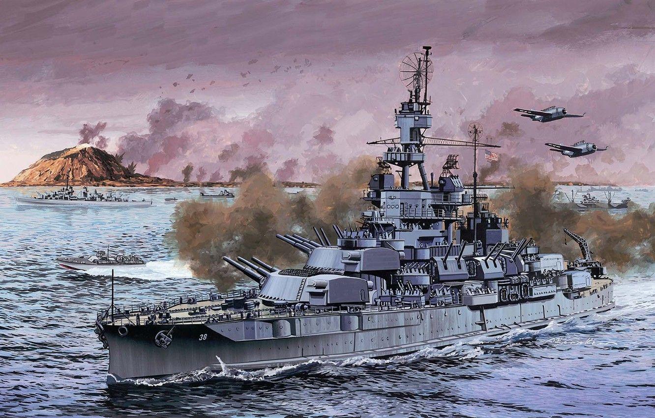 1332x850 Wallpaper ship, Navy, the battle, American, battleship, WW art