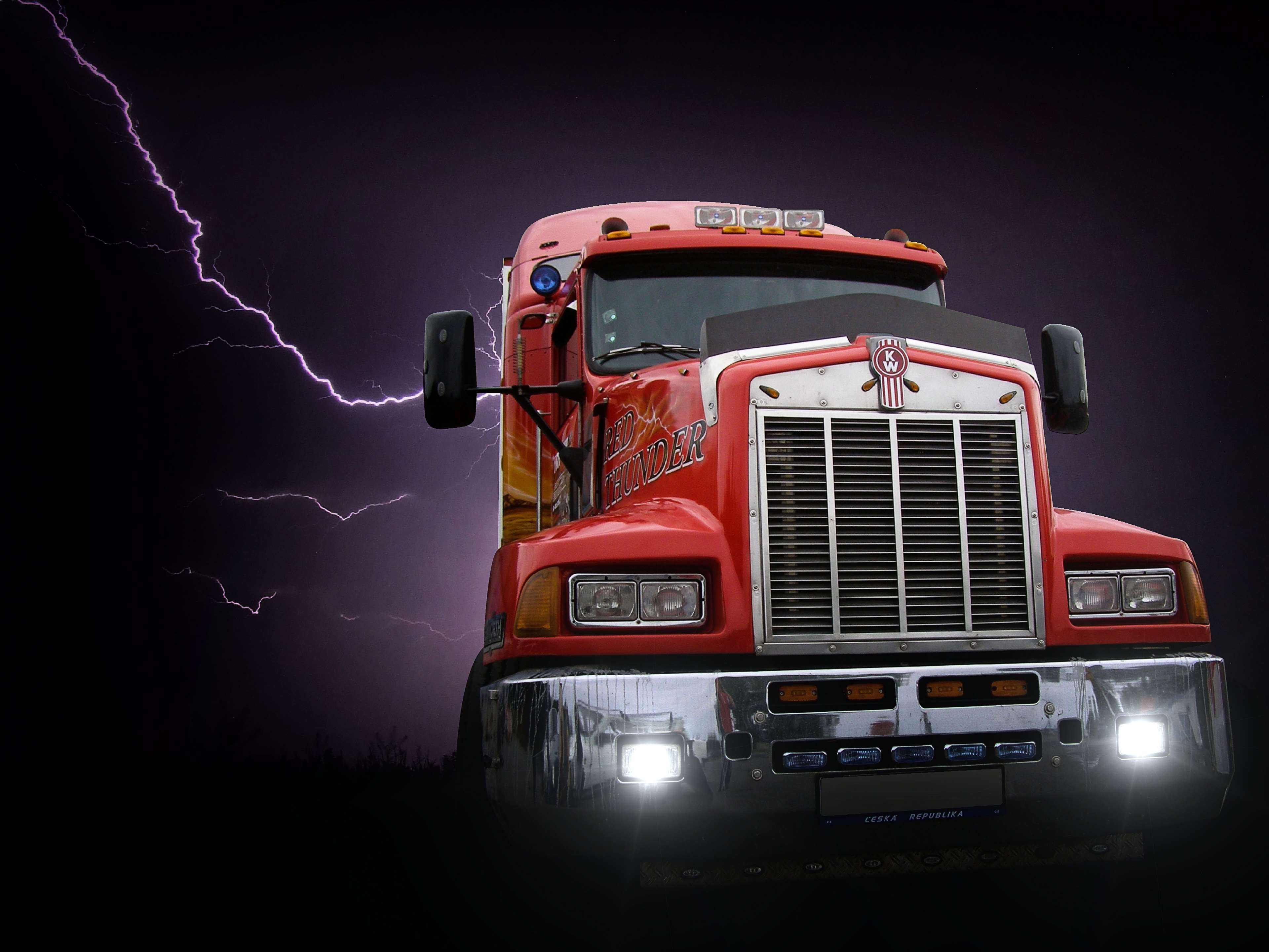3840x2880 background, cargo, collage, dark, flash, night, poster, red, storm, transformer, transport, truck, wallpaper 4k Gallery HD Wallpaper