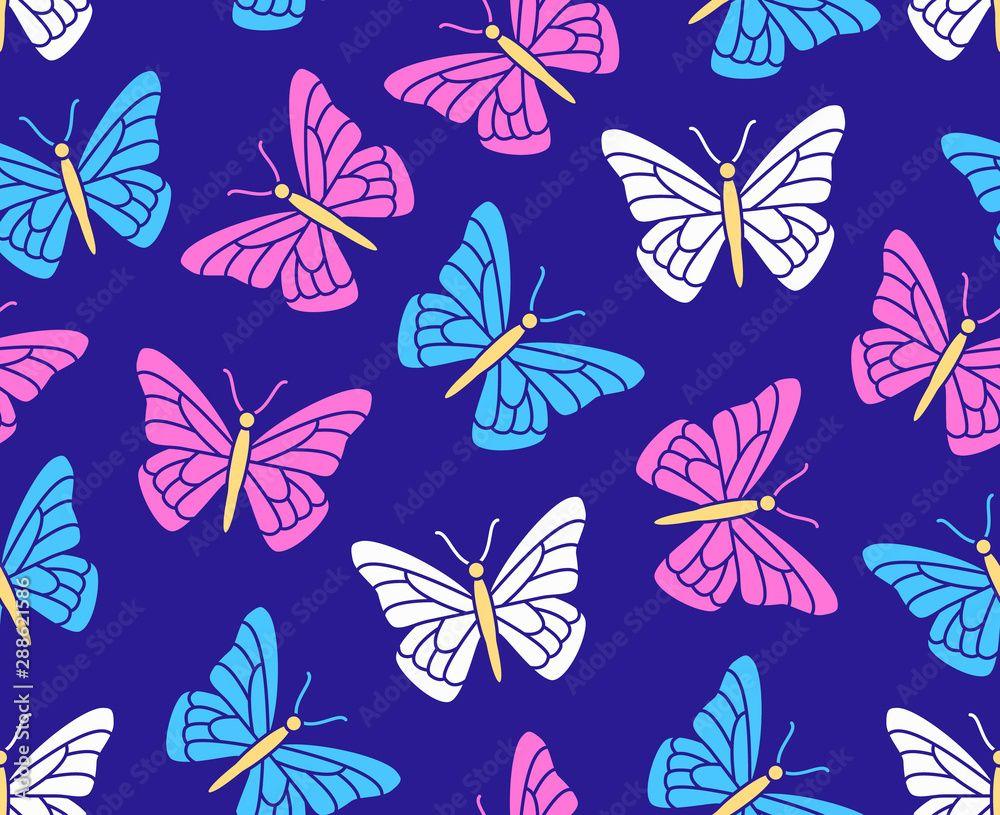 1000x815 Butterfly seamless pattern. Flying insects background, cute butterflies silhouette icons for kids decor, spring wallpaper. Pink, purple, blue, white color Stock Vector