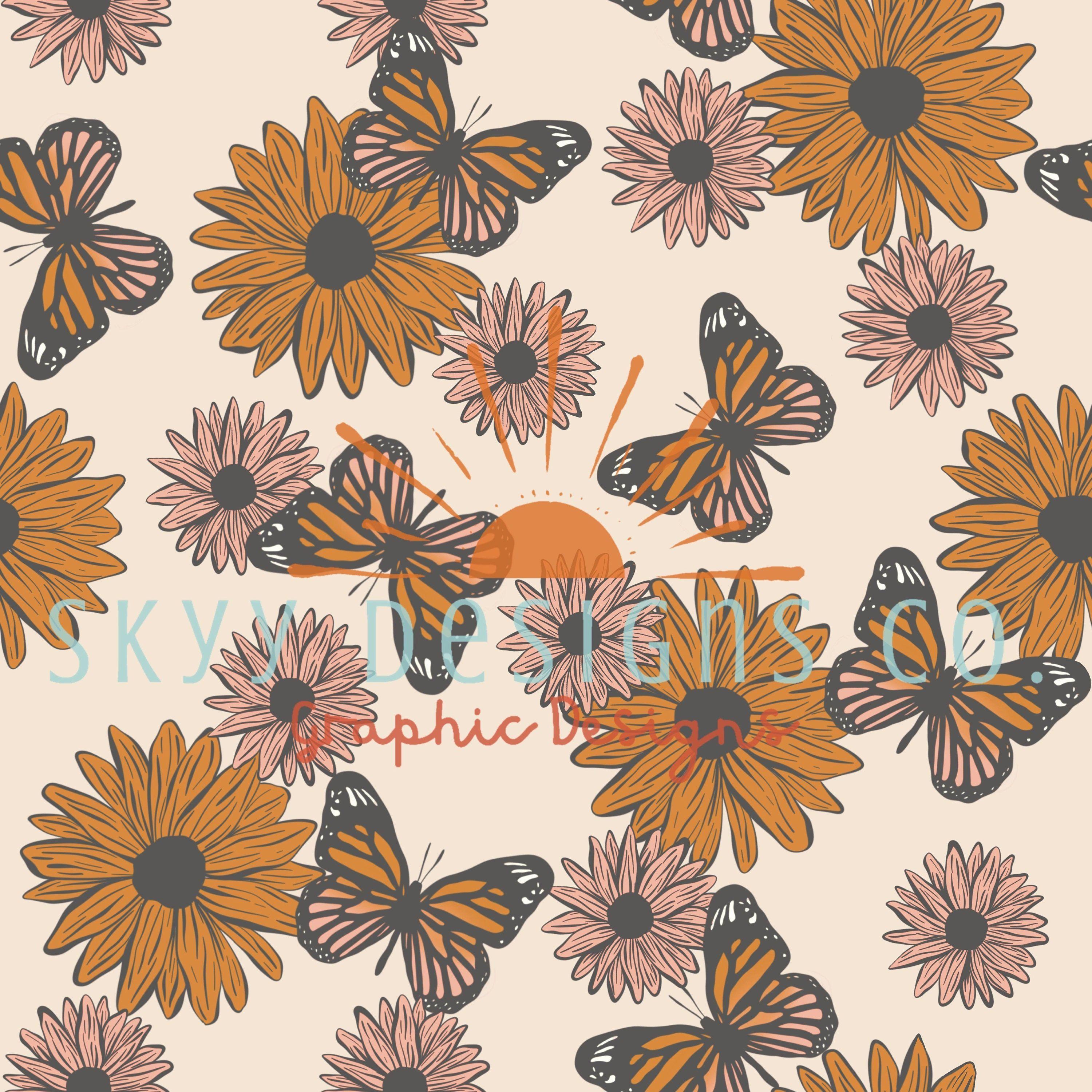 3000x3000 Boho Butterfly Sunflower Digital Seamless Pattern for Fabrics