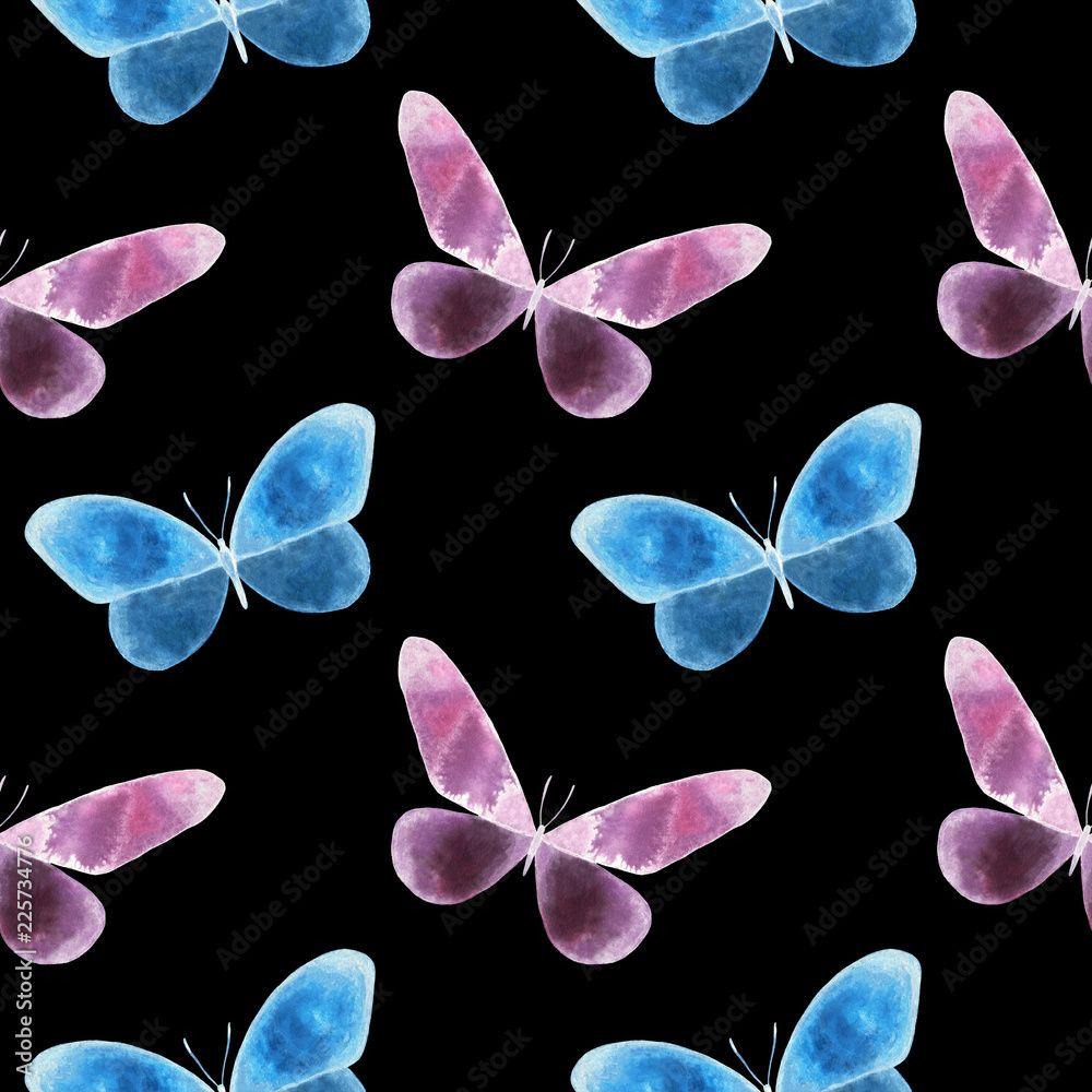 1000x1000 Watercolor colorful butterflies pattern, isolated on black background. Pink and blue butterfly illustration. Design for textile, fabric, print, wrapping, wallpaper, paper, cloth. Seamless pattern. Stock Illustration
