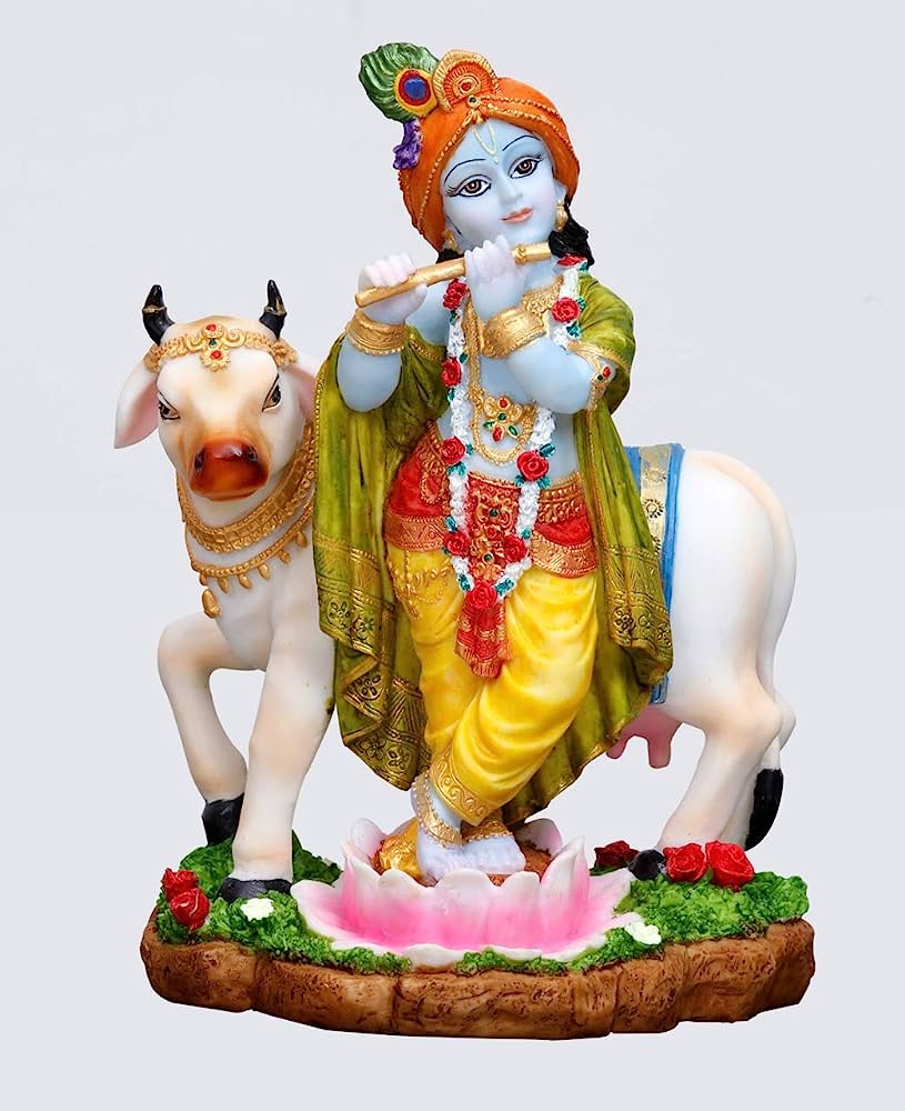 815x1000 Sri Krishna Culture New Hand Crafted Big Standing Krishna Playing Flute & Cow Hindu God And Goddess Idol Statue Murti Figurine(9.5) Polyster Resin Multicolour : Home & Kitchen