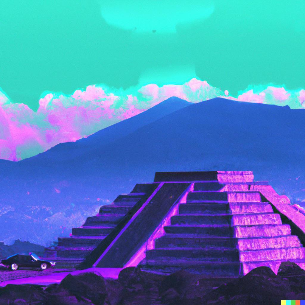 1024x1024 Vaporwave teotihuacan with mountains on the side and a parked car, 4k wallpaper