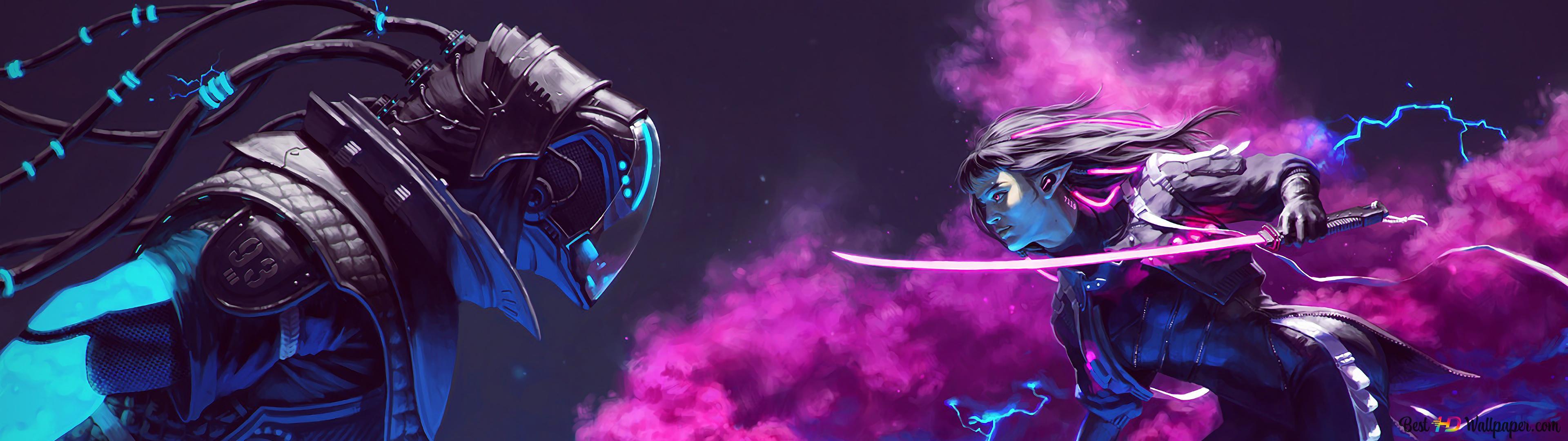 3840x1080 Cyberpunk Sci Fi Fight 4K Wallpaper Download