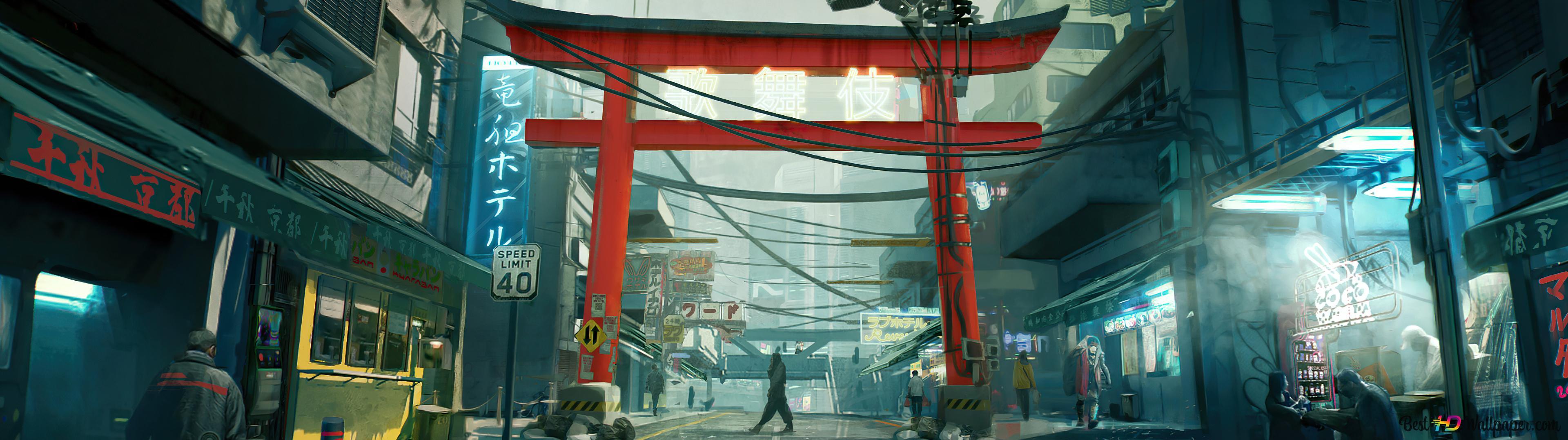 3840x1080 Cyberpunk 2077' Video Game (Street City Concept Art) 4K wallpaper download