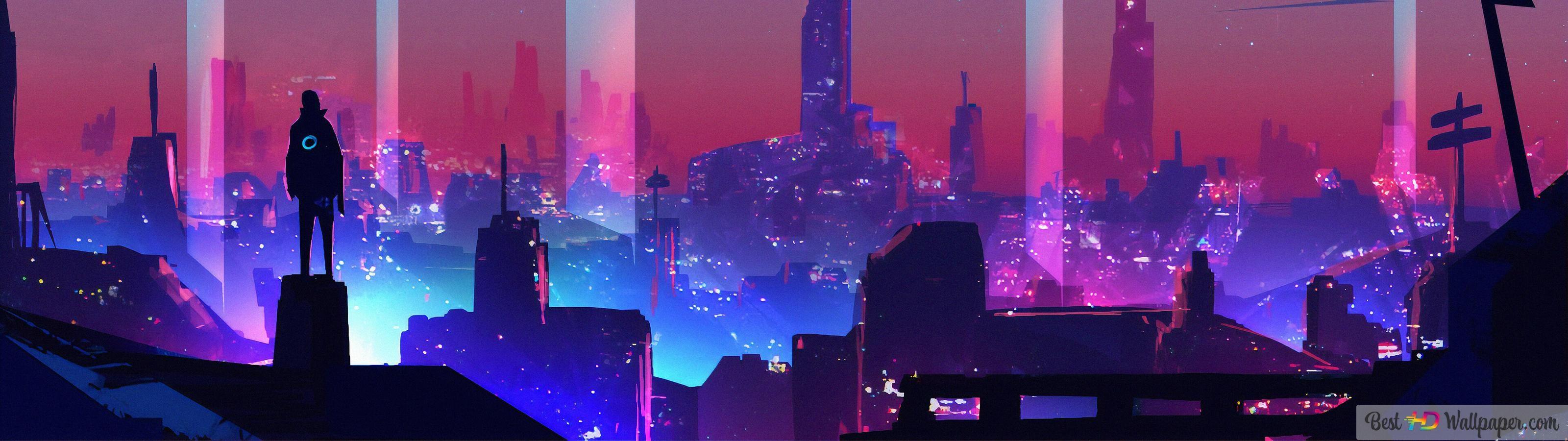 3200x900 Scifi City Night 4K wallpaper download