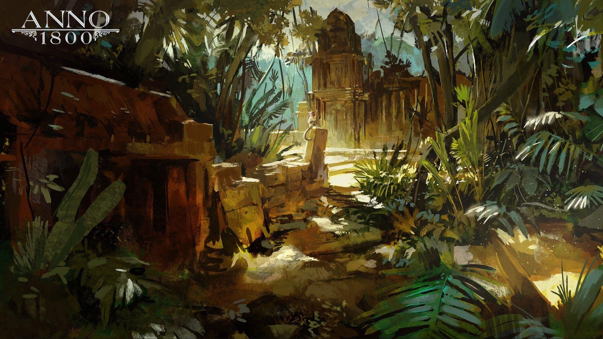 1920x1080 Wallpaper / Anno 1800s, digital art, concept art, artwork, Ubisoft, South America, jungle, temple free download