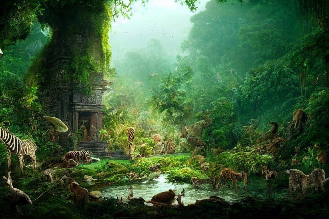 1152x768 prompthunt: a jungle temple surrounded