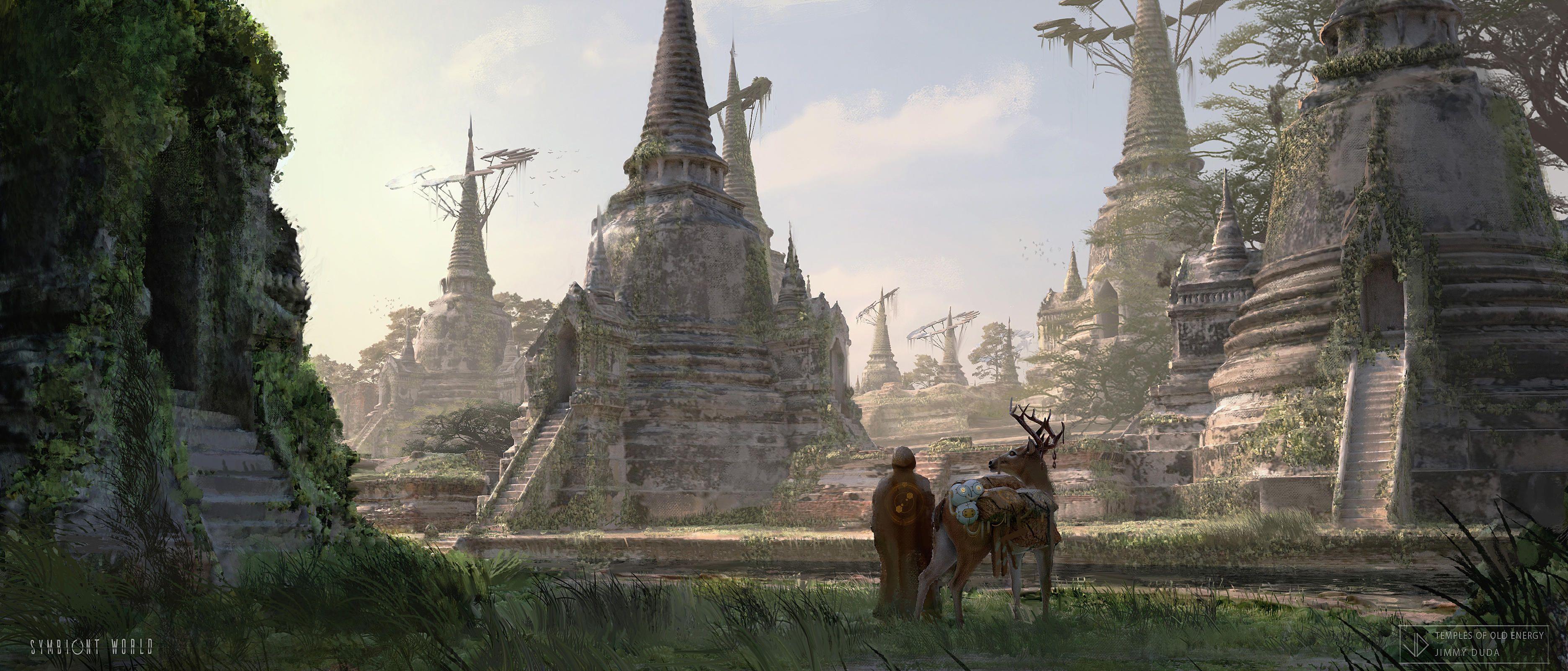 3744x1602 HD desktop wallpaper: Fantasy, Building, Temple, Deer, Traveler download free picture
