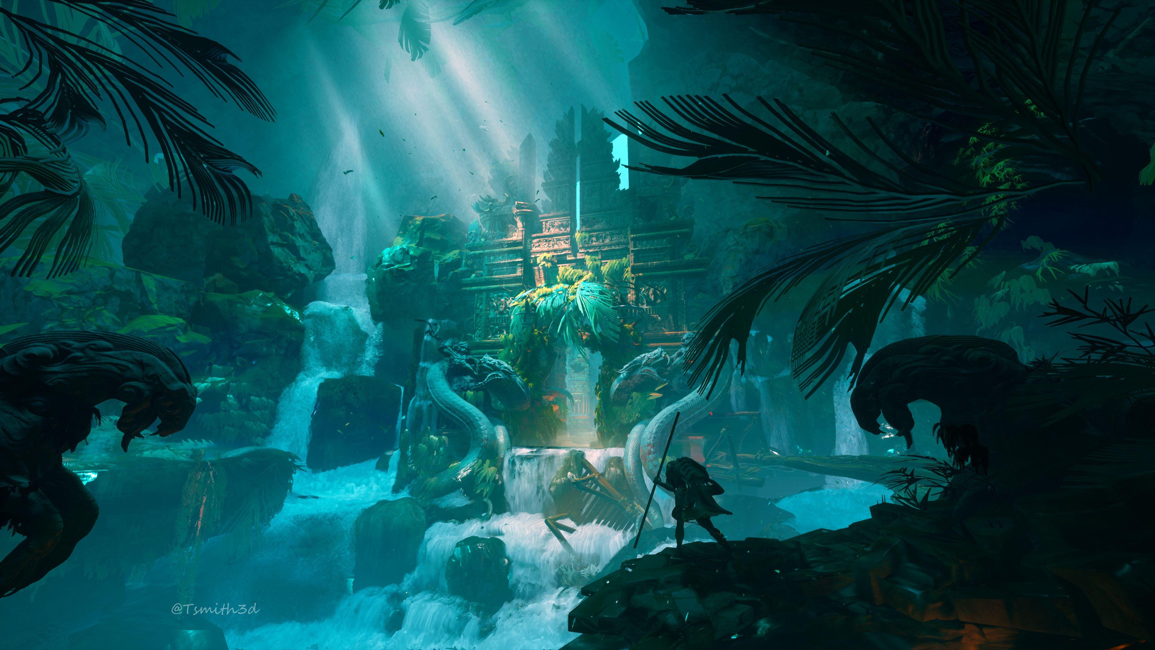 3840x2160 Tyler Smith Digital Art Jungle Ruins Castle Temple Waterfall Wallpaper:3840x2160