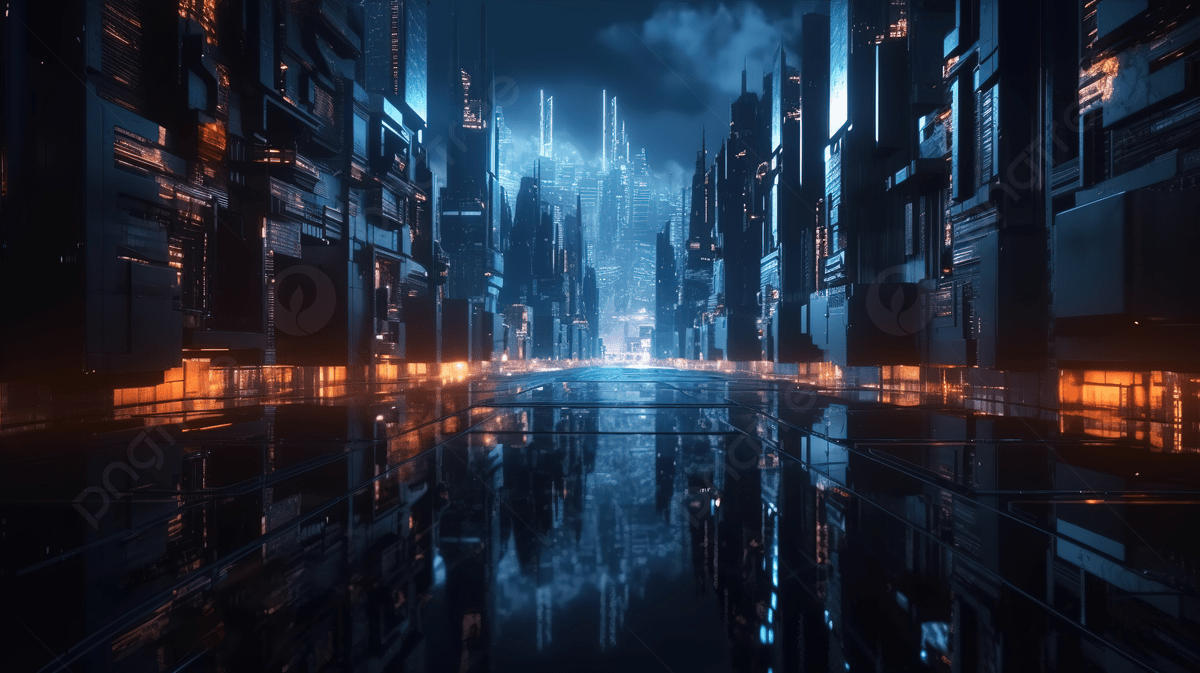 1200x673 Futuristic Cyber Cityscape Glowing Lights And Reflections Illuminate Dark Tech Scene Background, Cyber City, Futuristic City, Future City Background Image And Wallpaper for Free Download