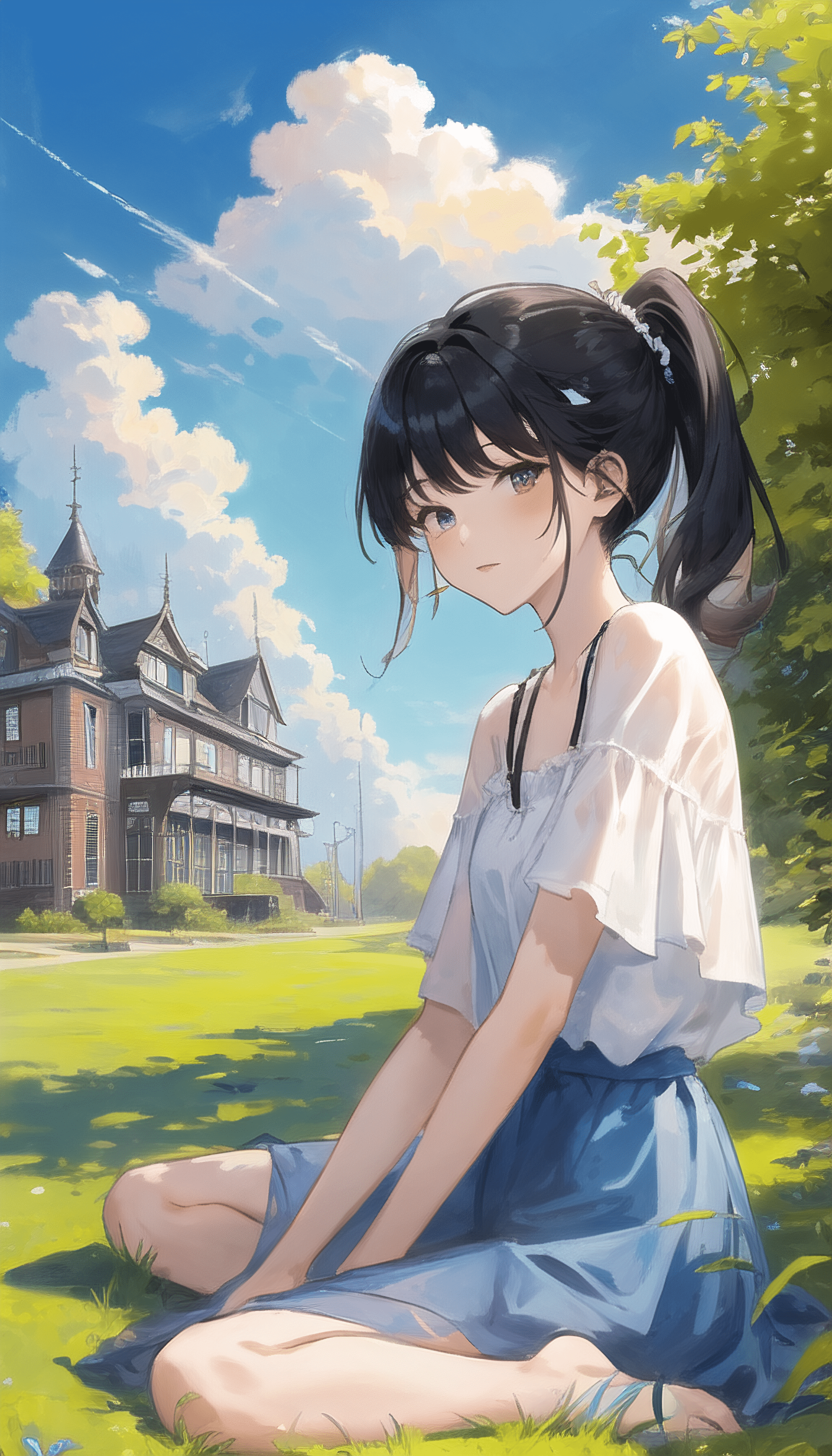 2048x3584 Anime Girls Ai Art Vertical Ponytail Clouds Grass Looking At Viewer Sky Leaves Wallpaper:2048x3584