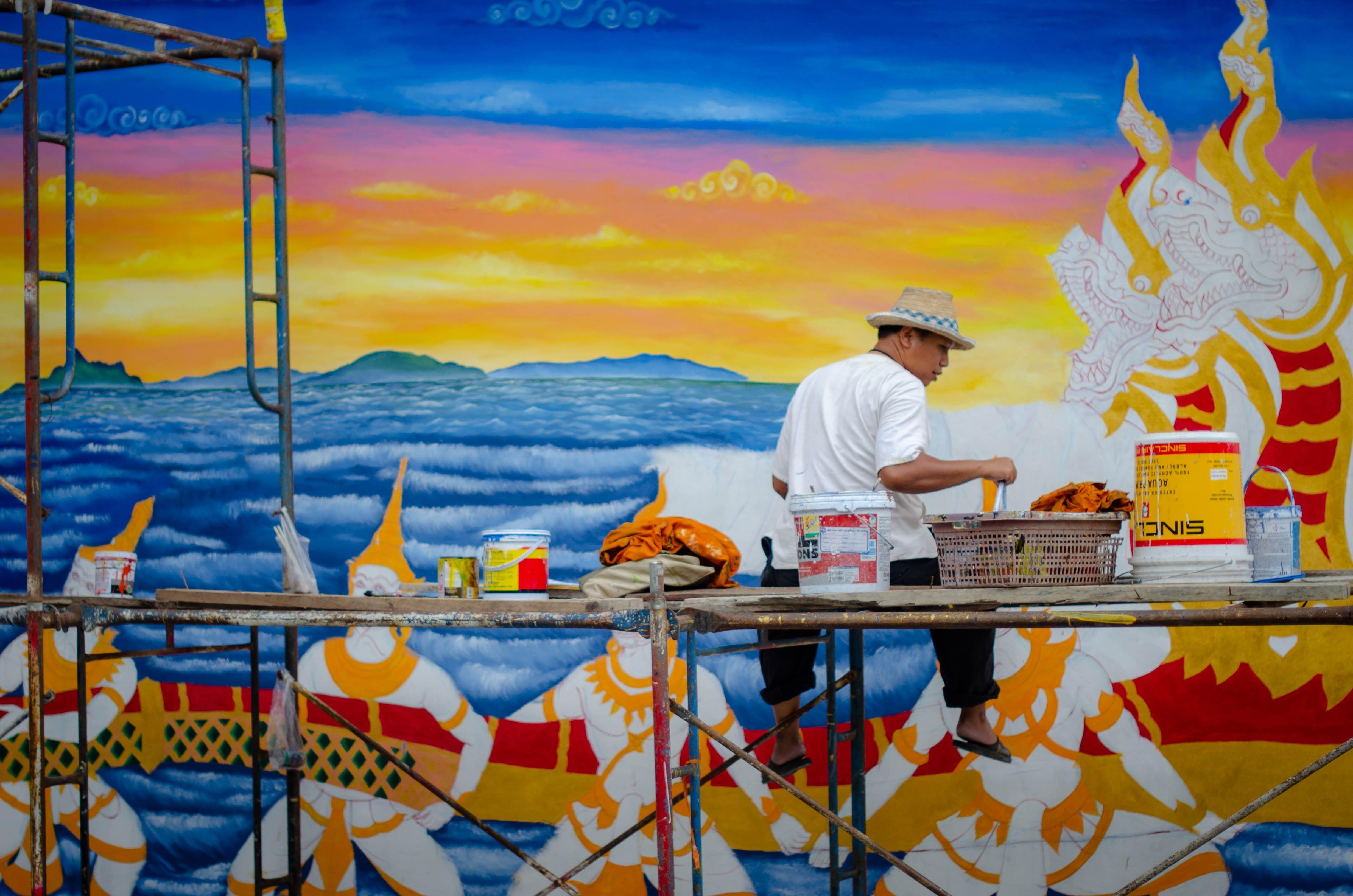 4928x3264 Wallpaper / standing, triptych, acrylic, occupation, creativity, artistic, sky, bright, artwork, paintings, wallpaper, painting, real people, white, sightseeing, modern free download