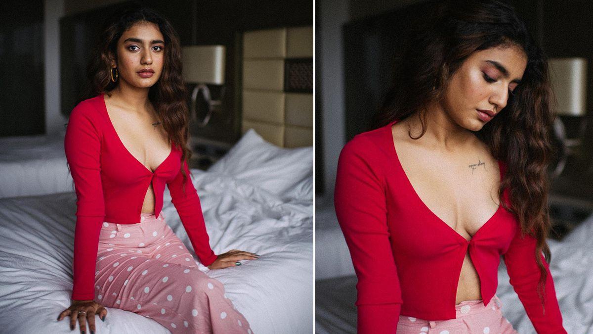 1200x675 Priya Prakash Varrier's Red Cardigan Top With Plunging Neckline Is Perfect for Romantic Date Night (View Pics)