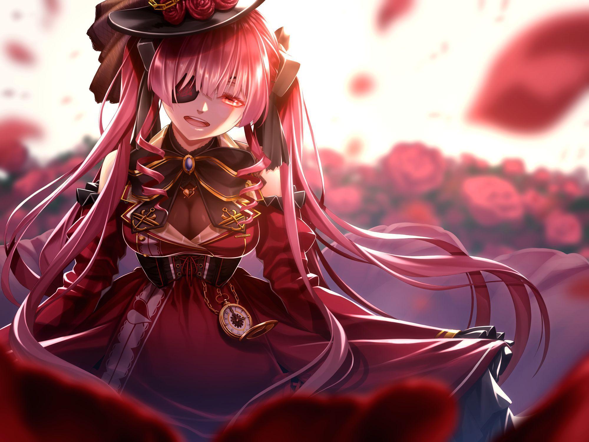 2000x1500 HD desktop wallpaper: Anime, Flower, Dress, Pink Hair, Long Hair, Twintails, Eye Patch, Virtual Youtuber, Hololive, Houshou Marine download free picture