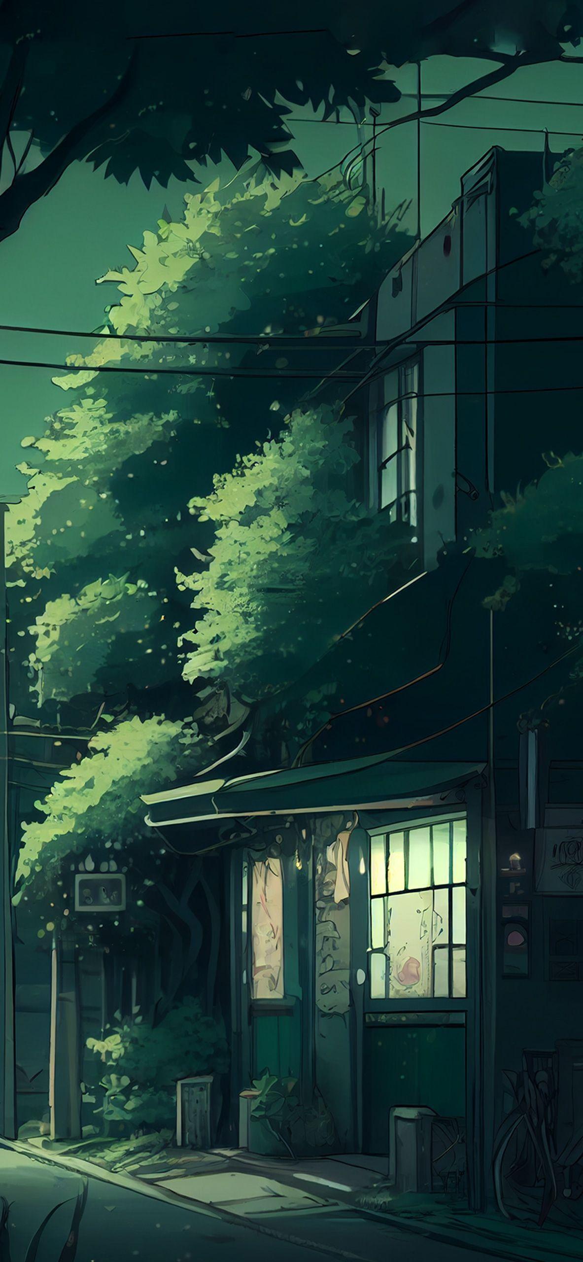 1183x2560 House Green Anime Background Wallpaper Wallpaper 4k