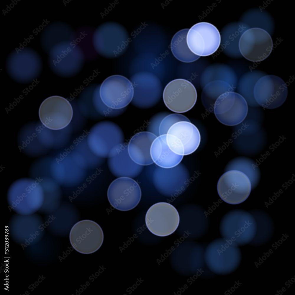 1000x1000 2D Illustration of Bokeh on Dark Blue Background. Abstract Texture on Defocused Background. Design Template with Blurred Bright Light and Circular Points Stock Vector