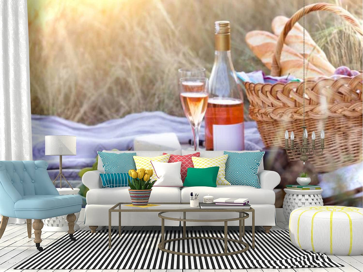 1500x1125 Wall Mural Summer picnic in the meadow baguette wine glasses grapes and rolls Peel and Stick Wallpaper Self Adhesive Wallpaper Large Wall Sticker Removable Vinyl Film Roll Shelf Paper Home Decor