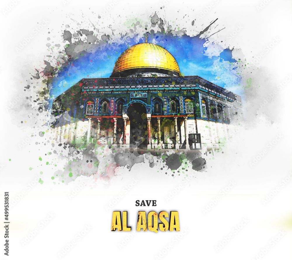 1000x893 Watercolor Photo Effect Wallpaper Of Masjid E Al Aqsa. Creative Splash Color Illustration Of Mescidi Aksa Kudus (Al Aqsa). Save Palestine, Pray For Al Aqsa, Stop Violence In Jerusalem Stock Illustration