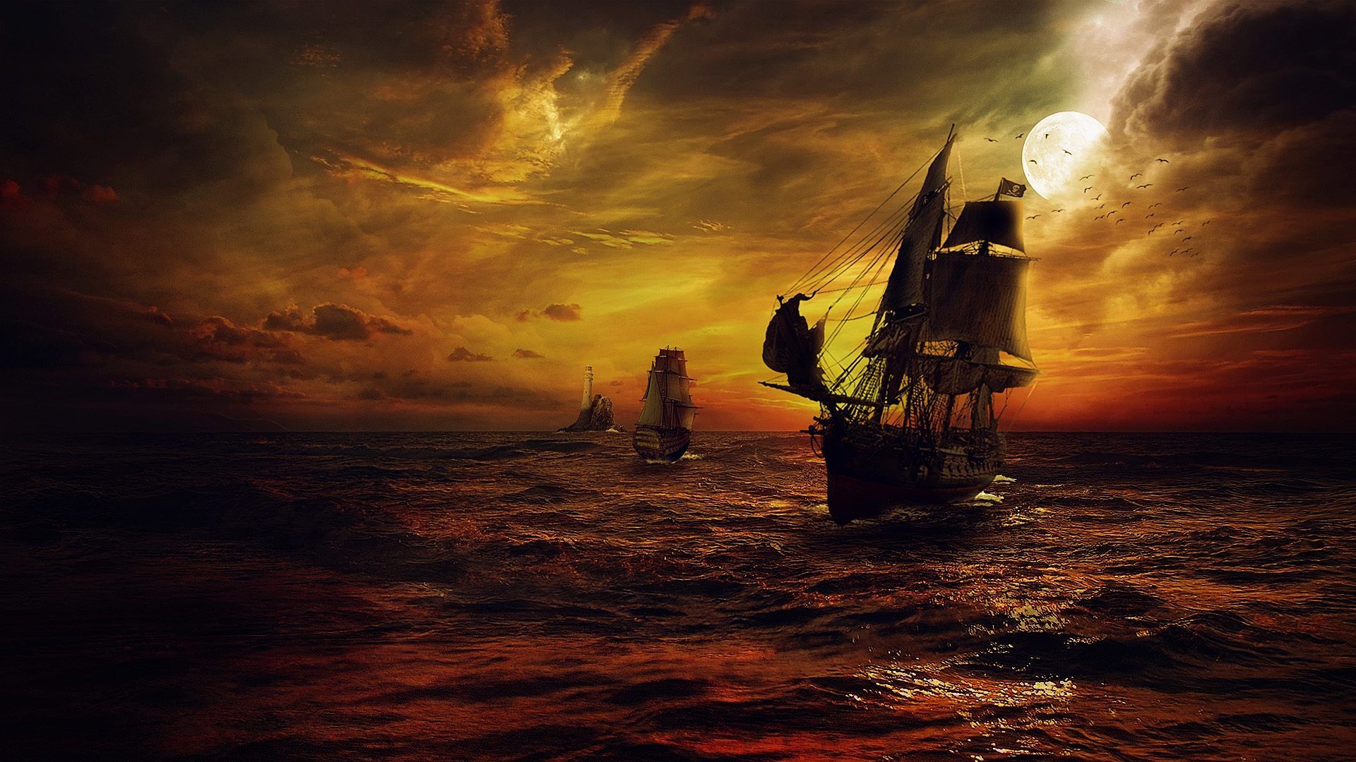 1920x1080 Pirate Ship Night Sailing Sea Night Moon Fantasy Art Wallpaper HD 1920x1080 :